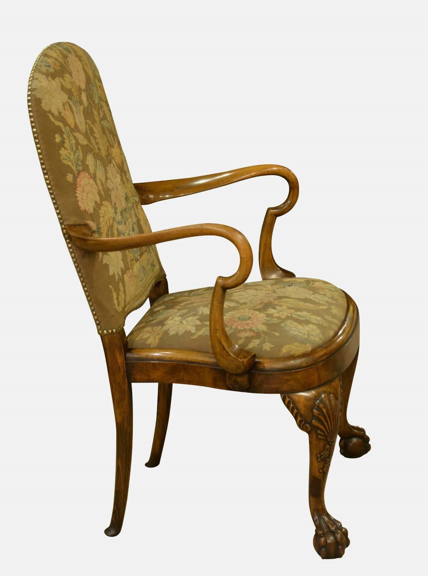 European Pair of Queen Anne Style Walnut Open Armchairs