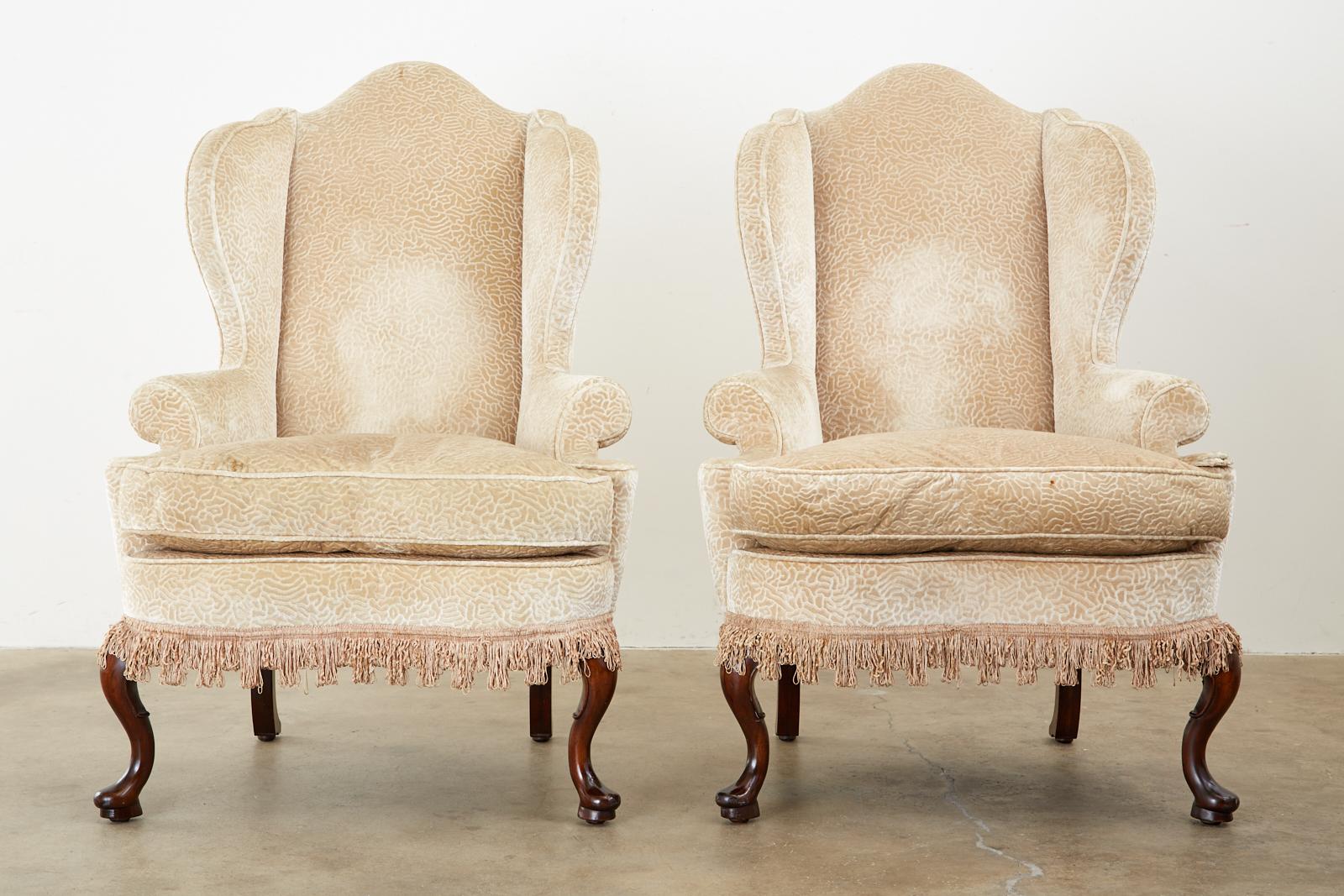 American Pair of Queen Anne Style Wingback Chairs by Dunbar