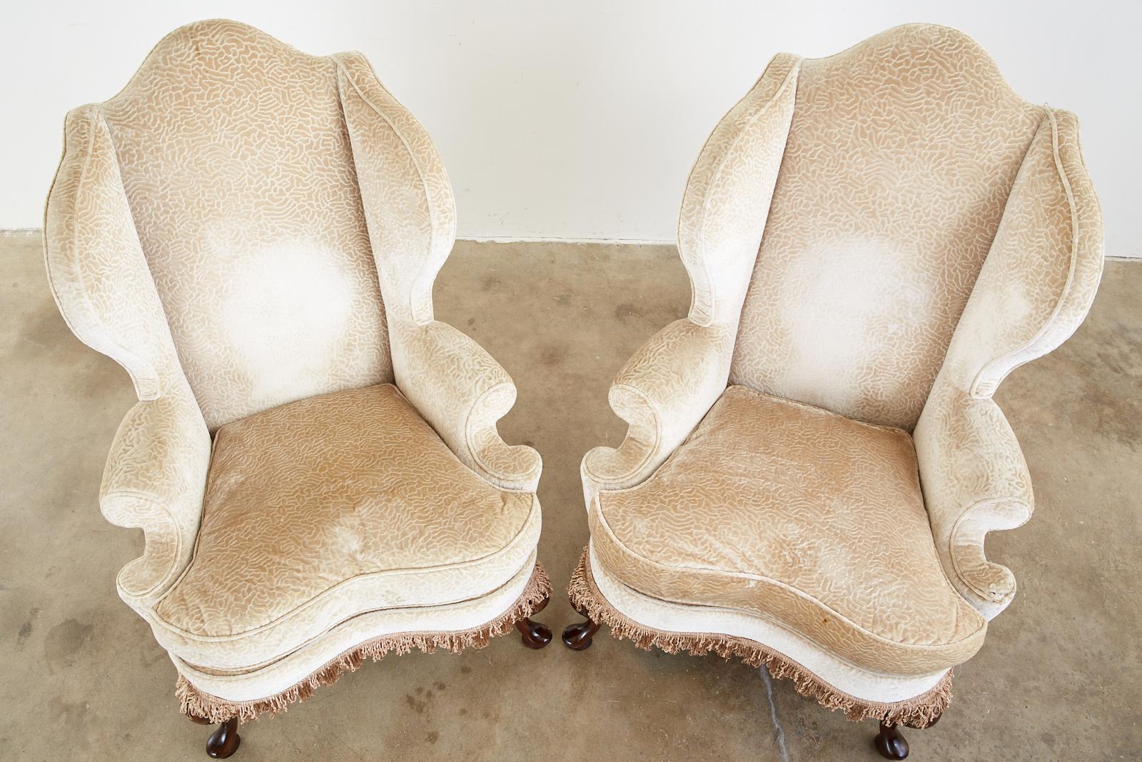 Hand-Crafted Pair of Queen Anne Style Wingback Chairs by Dunbar