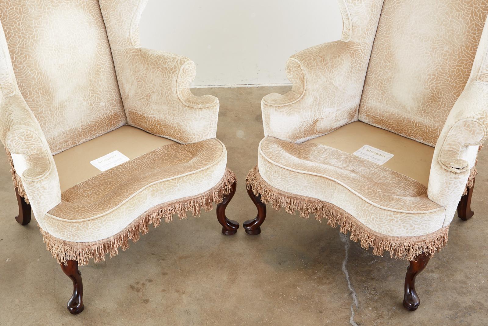 Fabric Pair of Queen Anne Style Wingback Chairs by Dunbar