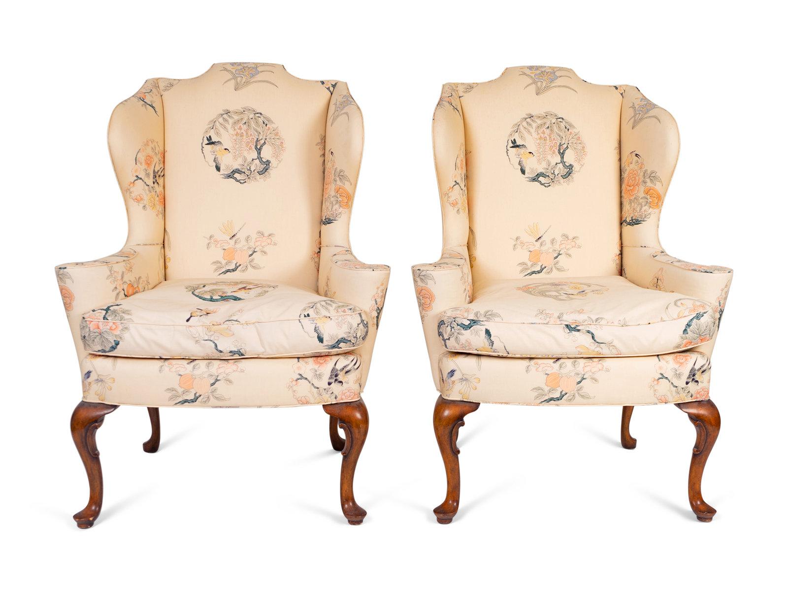 Pair of Queen Anne Style Wingback chairs with Asian design silk upholstery, 20th century.