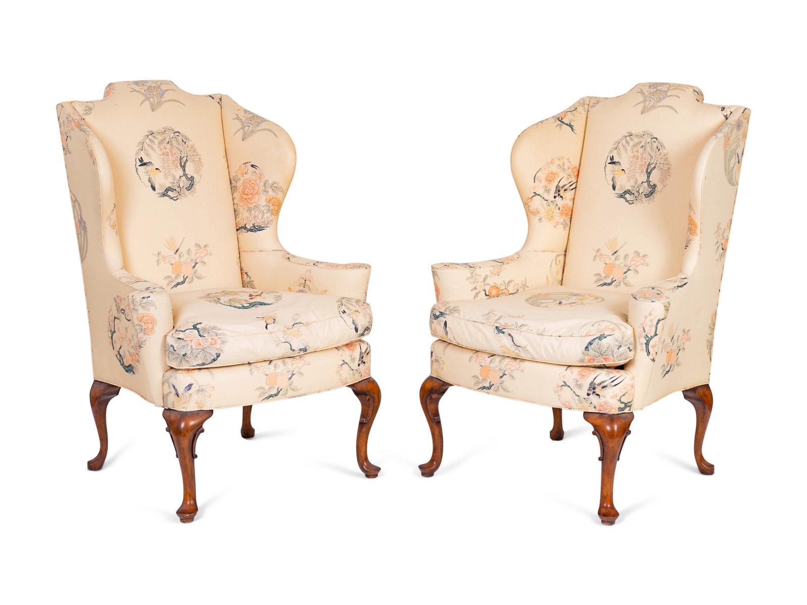 American Pair of Queen Anne Style Wingback Chairs Silk Upholstery, 20th Century