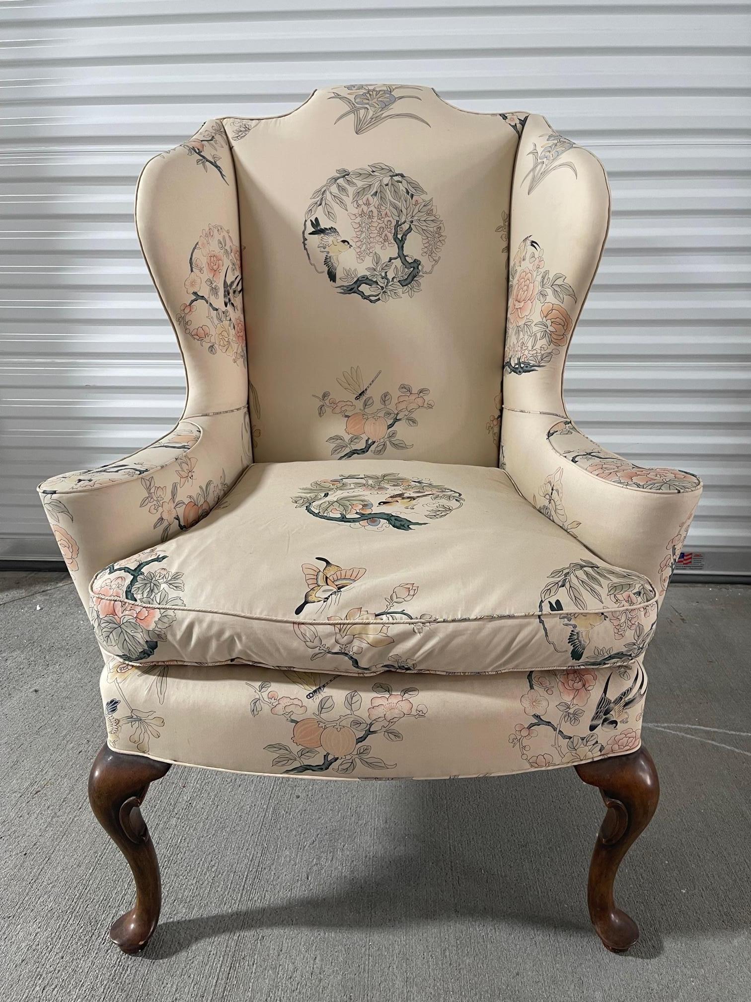 Pair of Queen Anne Style Wingback Chairs Silk Upholstery, 20th Century In Good Condition In Savannah, GA