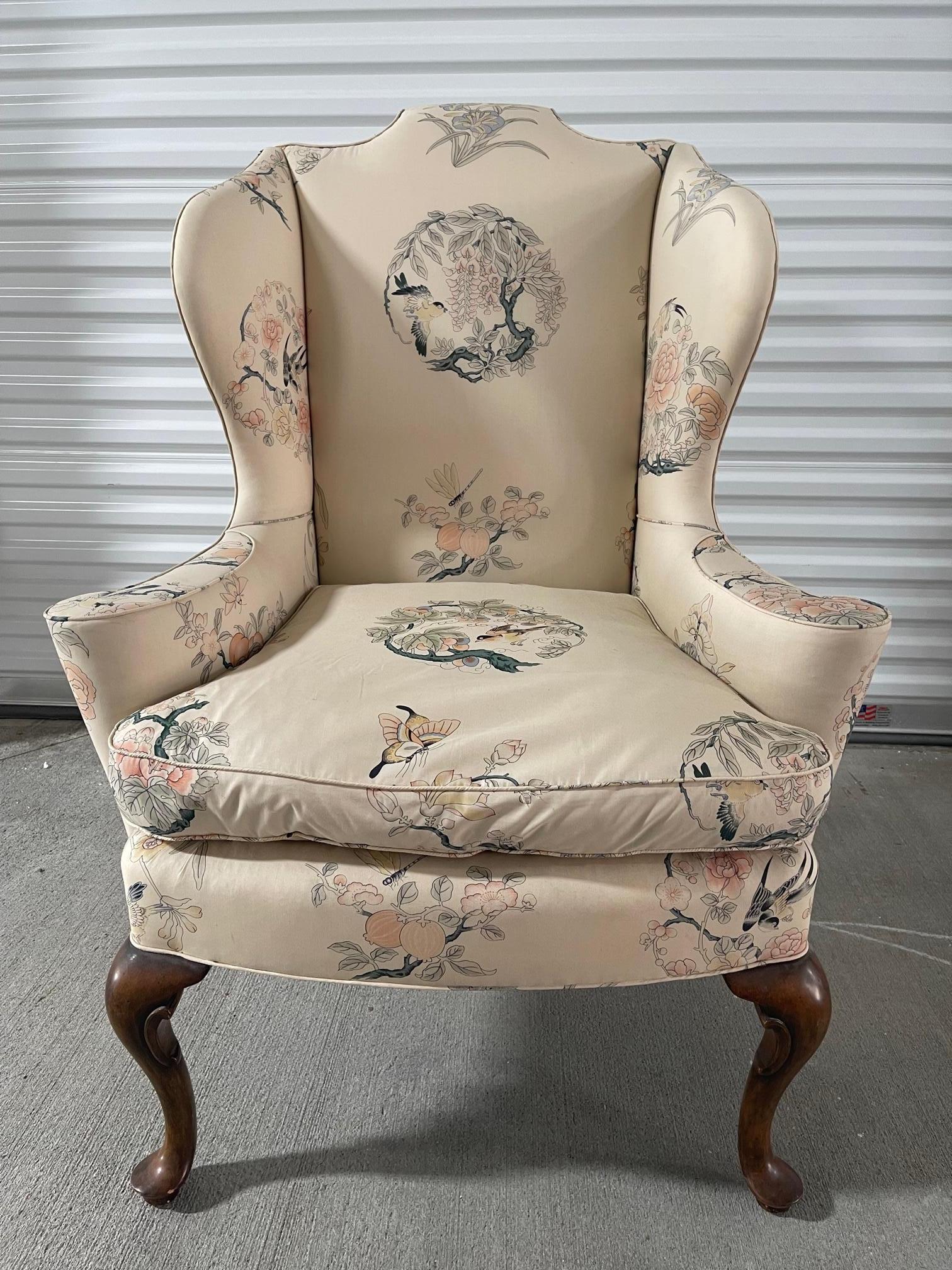 Pair of Queen Anne Style Wingback Chairs Silk Upholstery, 20th Century 1