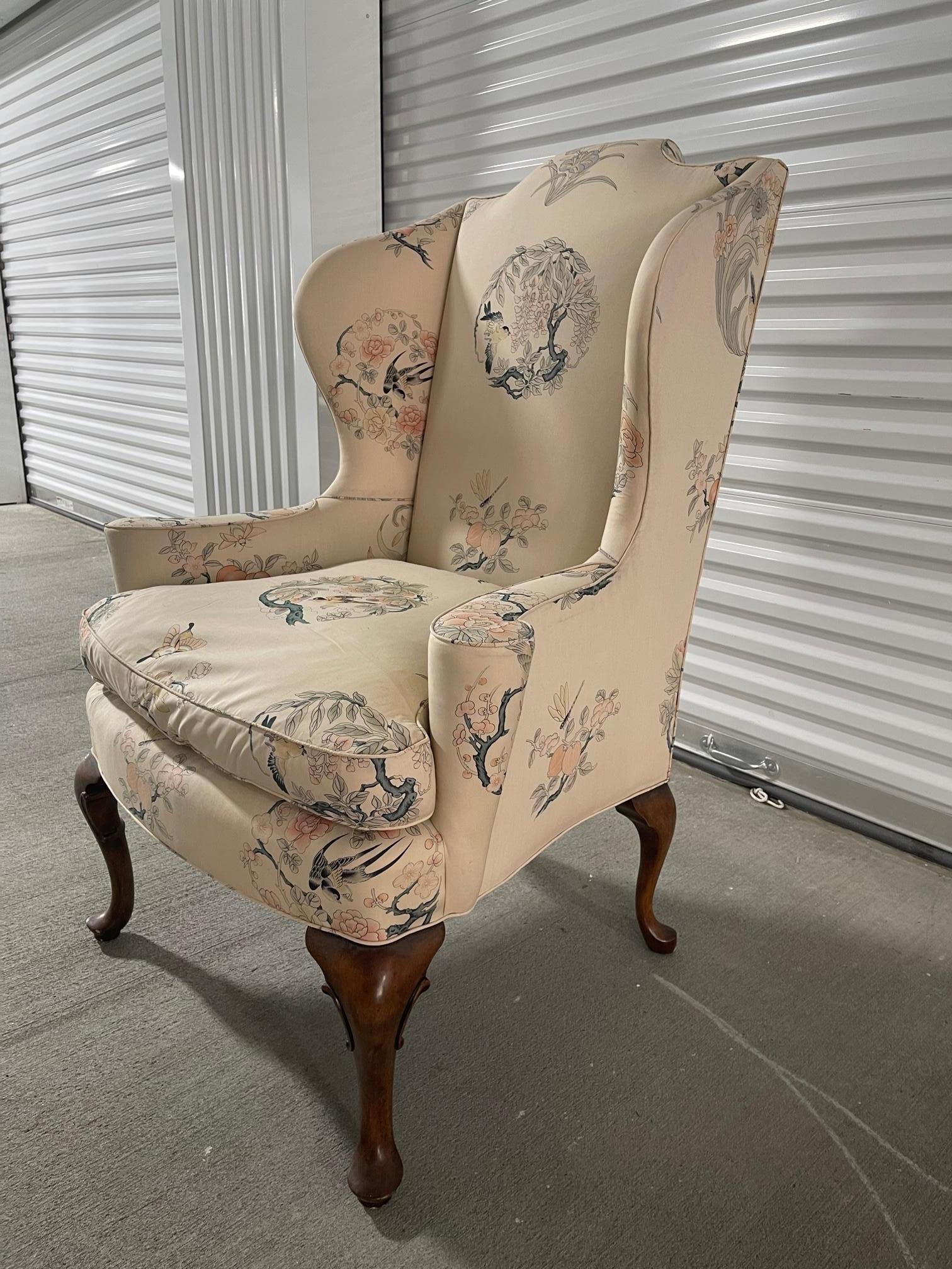 Pair of Queen Anne Style Wingback Chairs Silk Upholstery, 20th Century 2