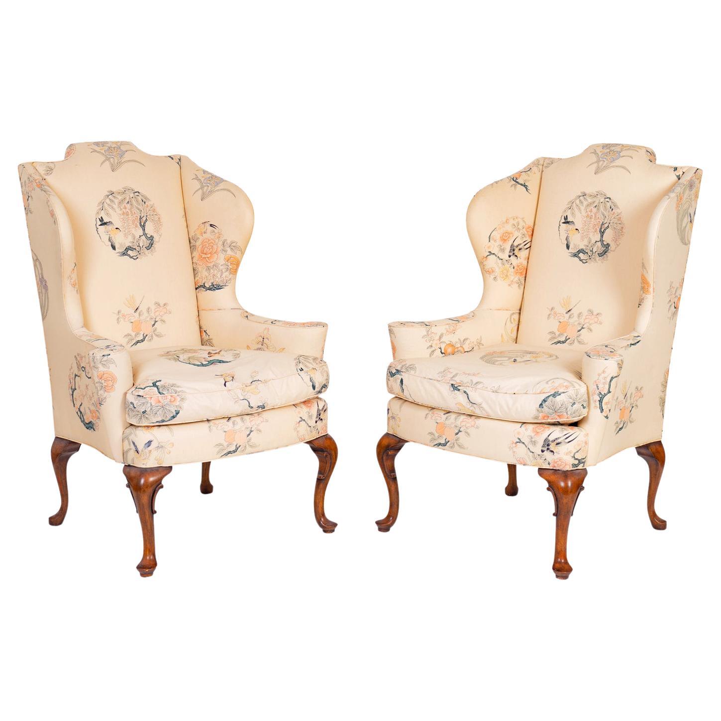 Pair of Queen Anne Style Wingback Chairs Silk Upholstery, 20th Century