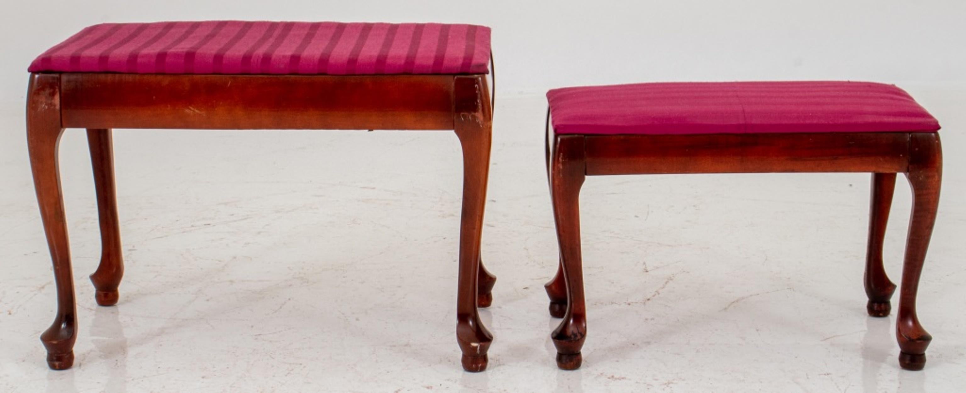 Two Queen Anne style hardwood stools or ottomans with magenta upholstery, one smaller. Measures: Larger: 17