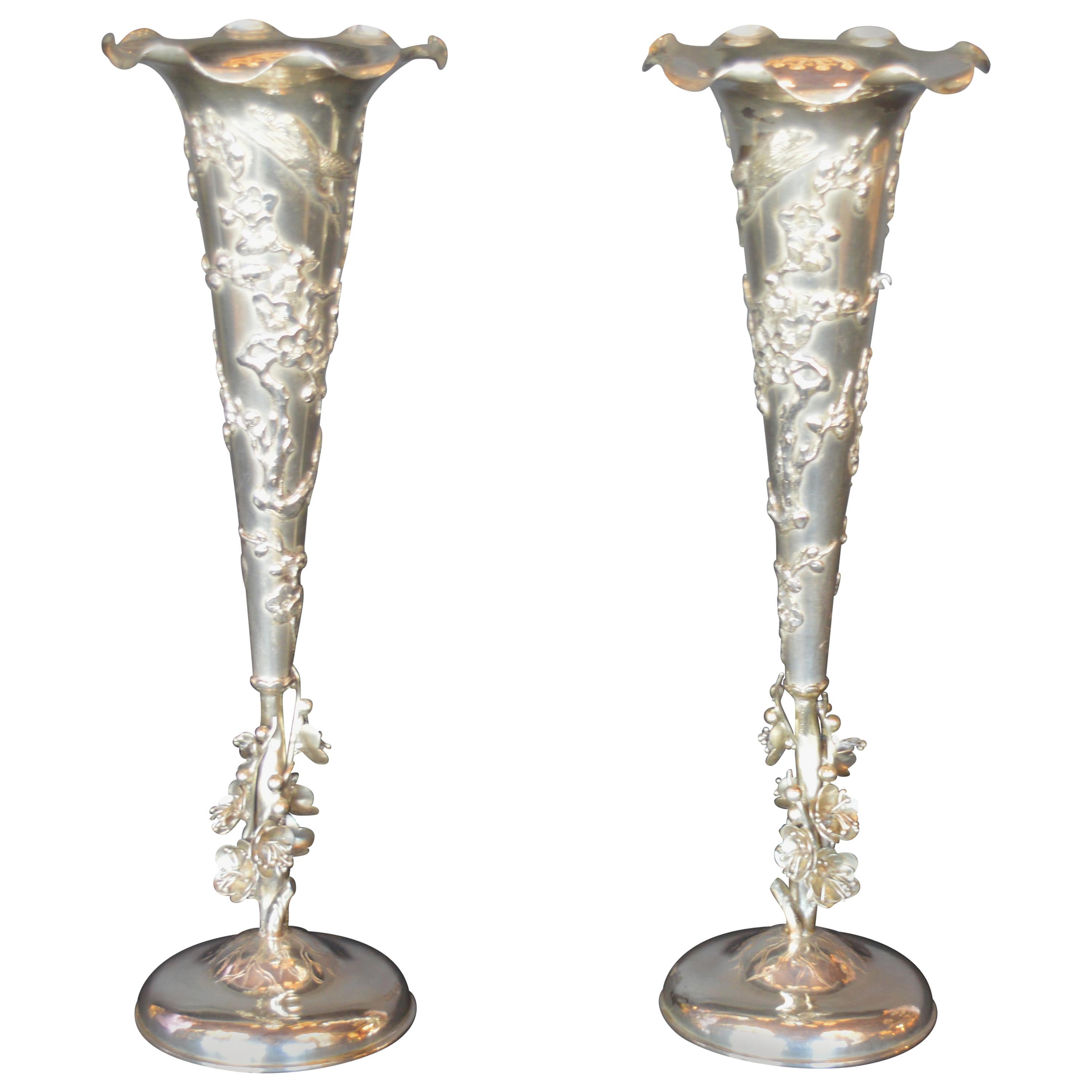 Pair of Quing Dynasty Silver Chinese Vases For Sale