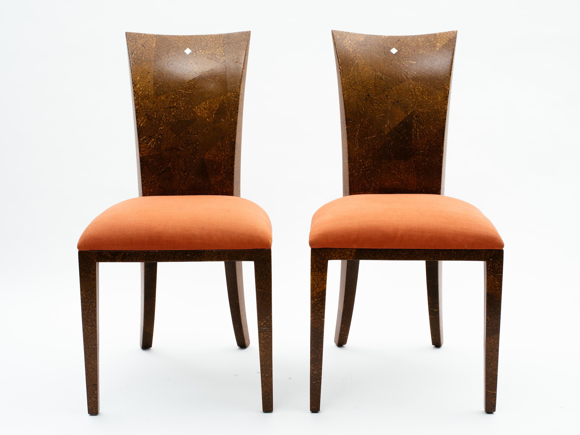 Pair of coconut shell chairs with curved backs and mother-of-pearl inlay detail at top.  Paris, France, circa 1990s.