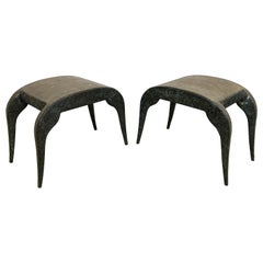 Pair of R & Y Augousti "Iconic" Bronze and Antique Black Shagreen Stools, France