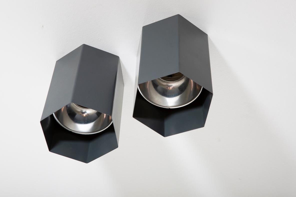 Pair of Raak Attributed Gray Enameled Metal Hexagon Flush Mount Lights In Good Condition For Sale In Los Angeles, CA