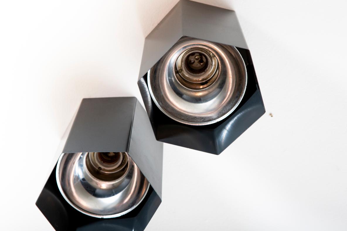 20th Century Pair of Raak Attributed Gray Enameled Metal Hexagon Flush Mount Lights For Sale