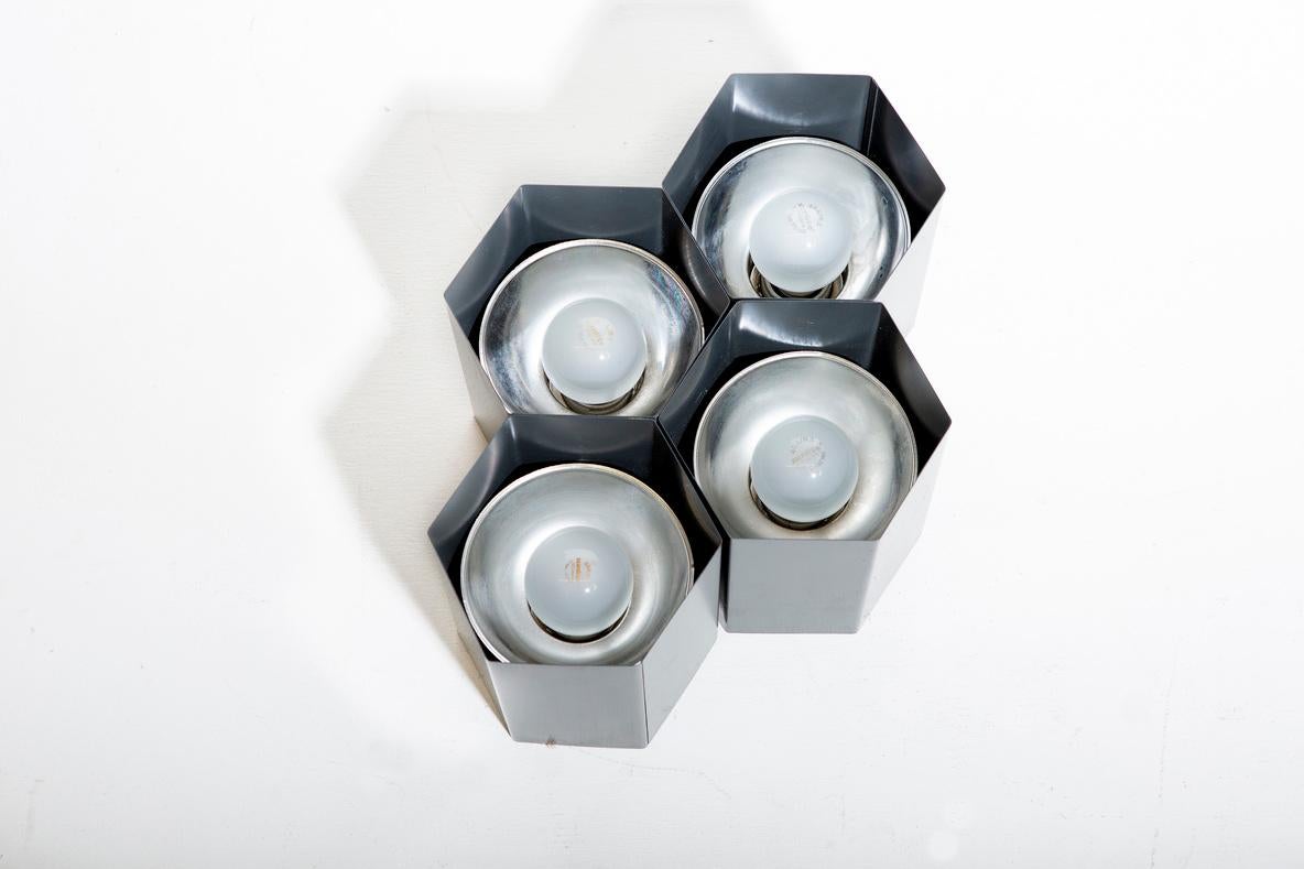 Pair of Raak Attributed Gray Enameled Metal Hexagon Flush Mount Lights For Sale 2