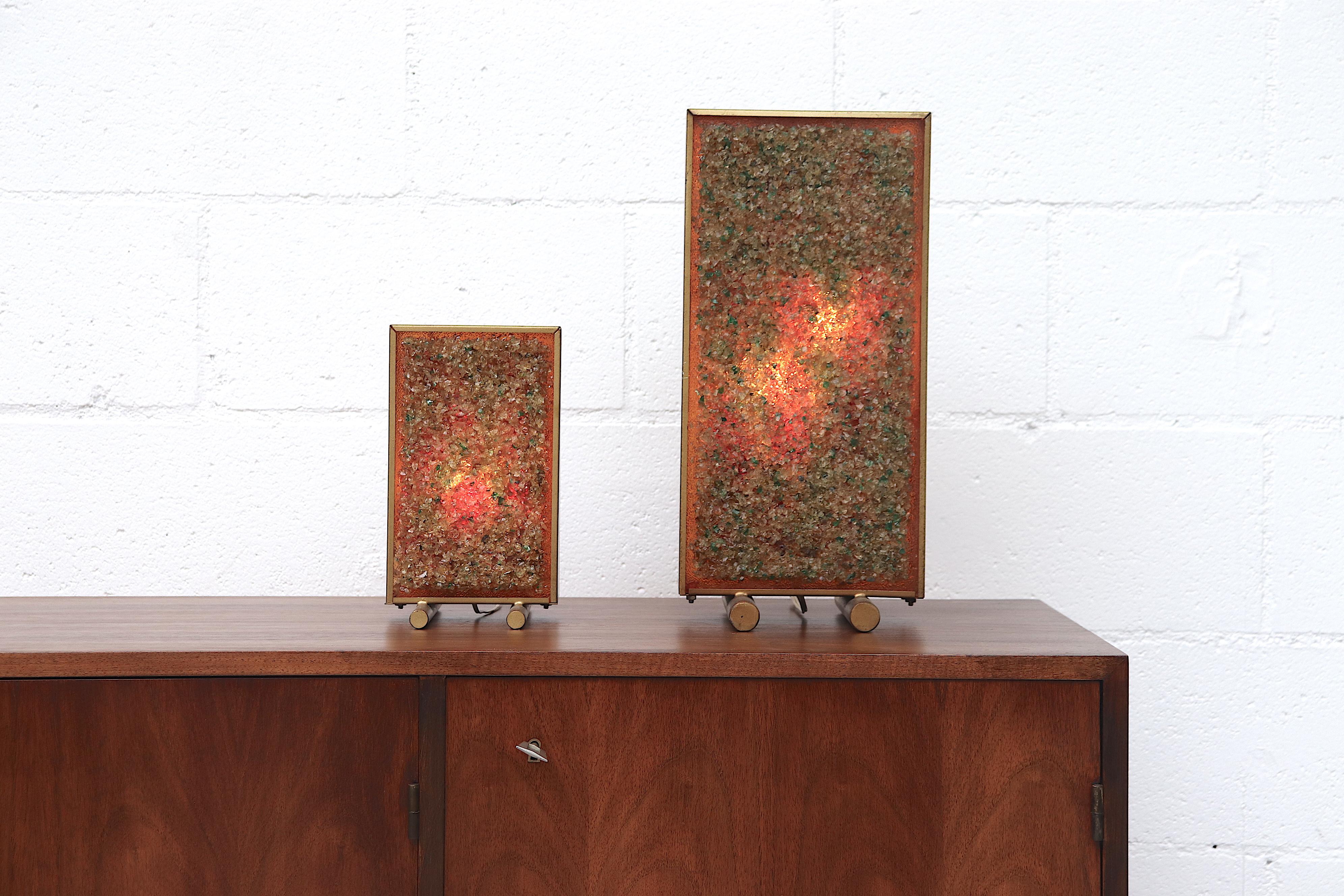 Dutch Pair of RAAK Inspired Brass Framed Glass Art Table Lamps For Sale