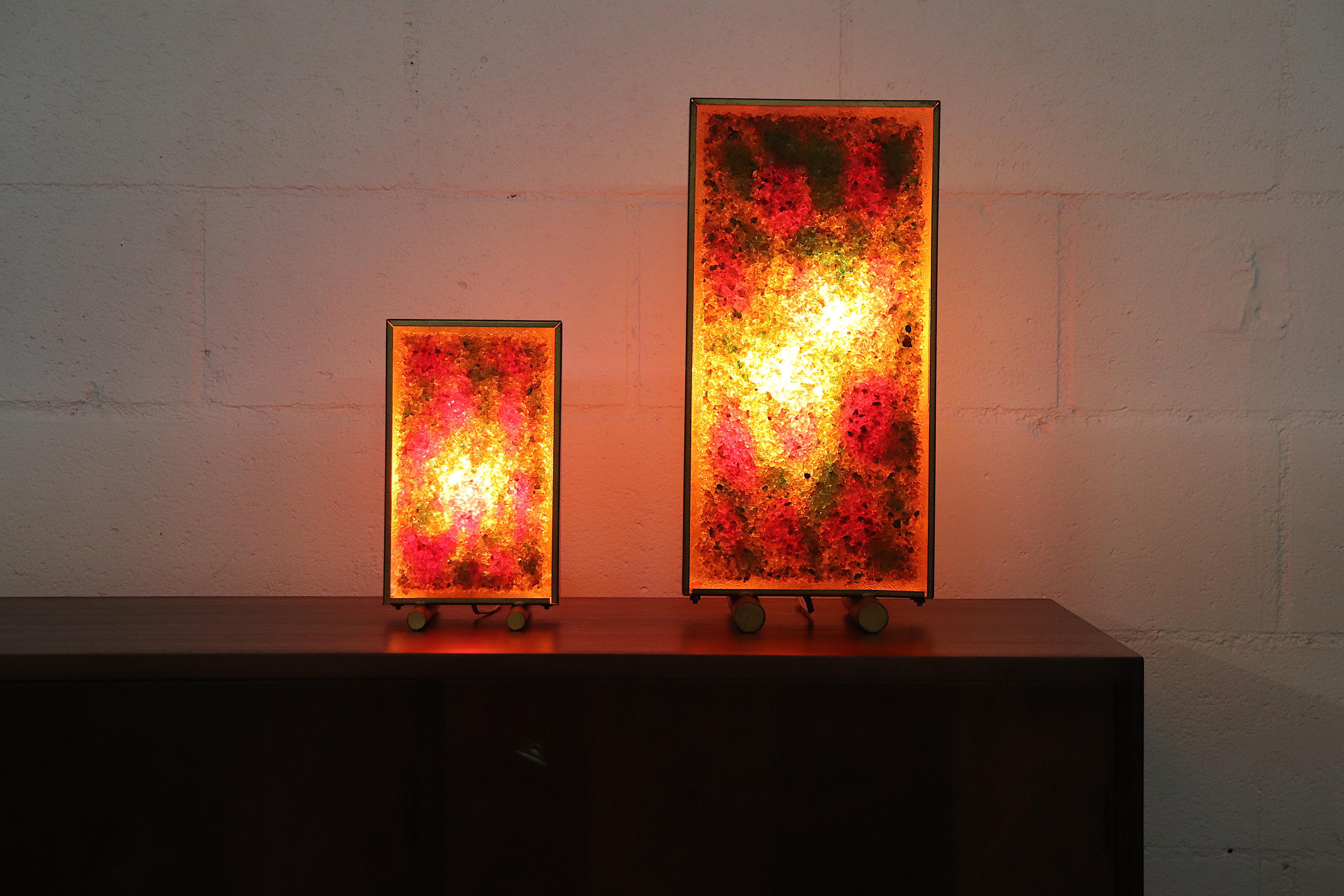 Pair of RAAK Inspired Brass Framed Glass Art Table Lamps In Good Condition For Sale In Los Angeles, CA