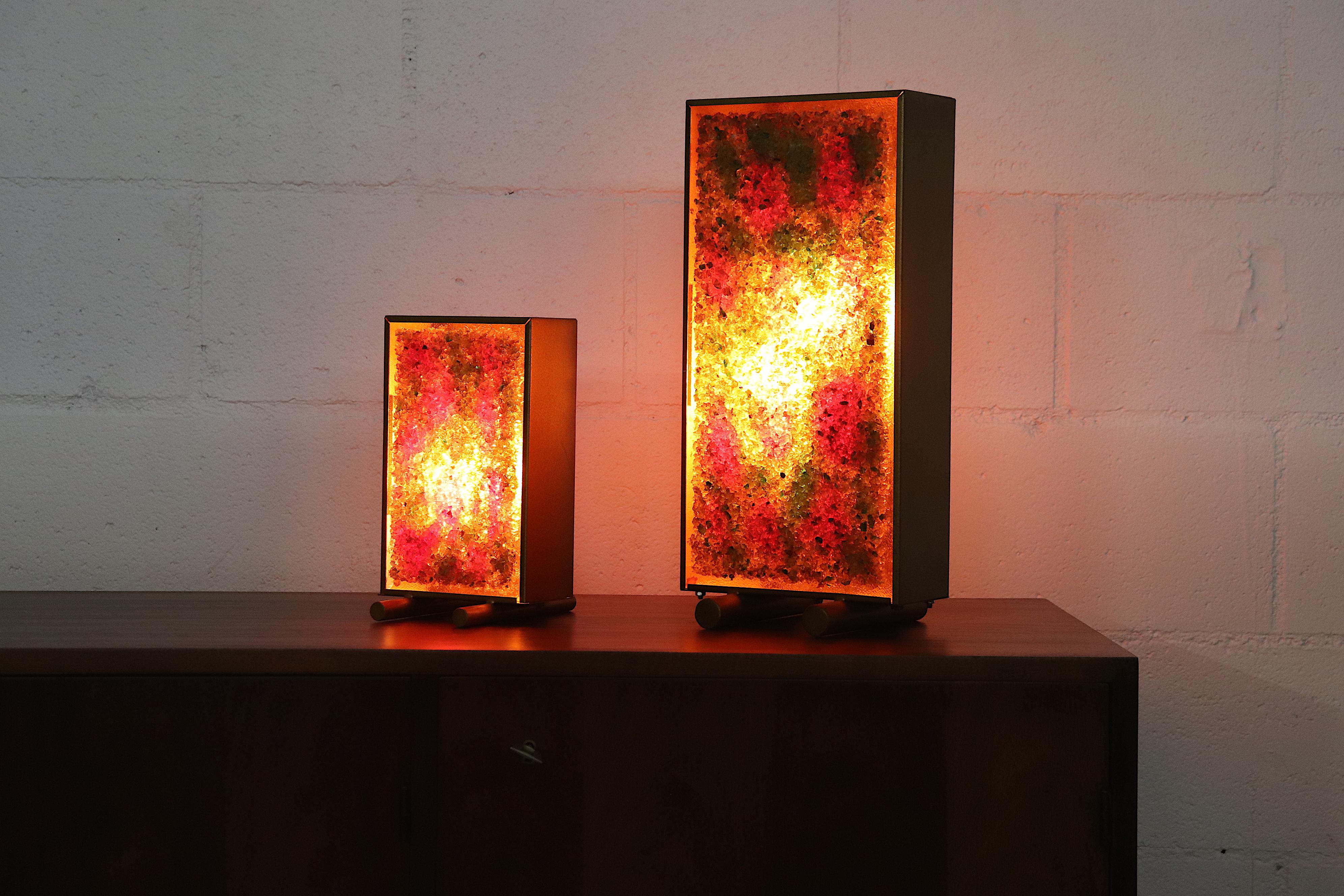 Late 20th Century Pair of RAAK Inspired Brass Framed Glass Art Table Lamps For Sale