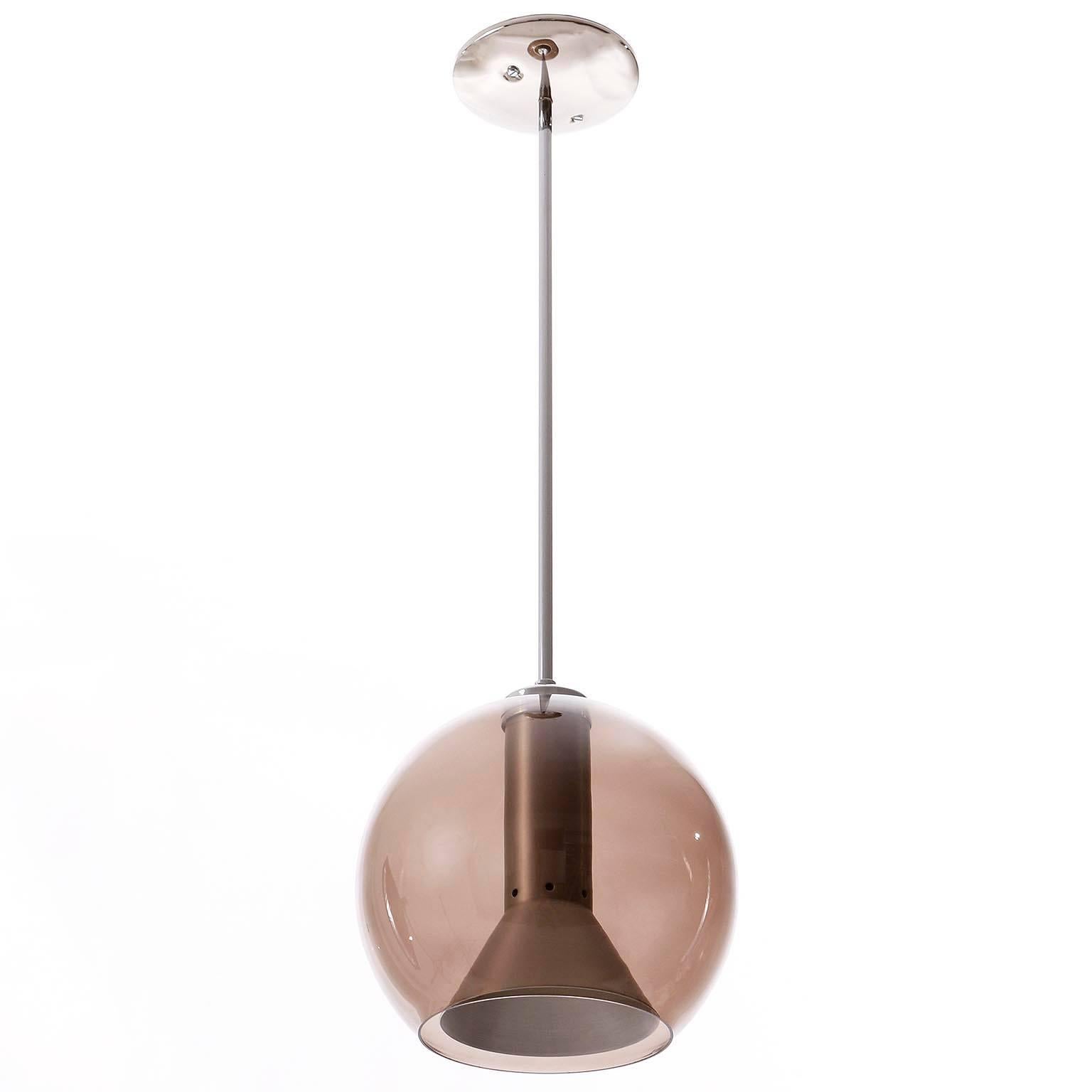 Mid-Century Modern Pair of RAAK Pendant Lights by Frank Ligtelijn, Smoked Glass Globes, 1960s
