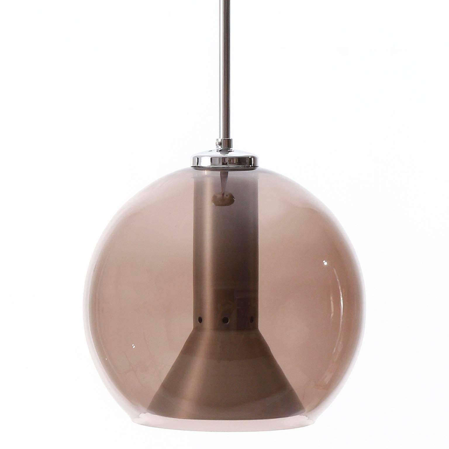 Dutch Pair of RAAK Pendant Lights by Frank Ligtelijn, Smoked Glass Globes, 1960s