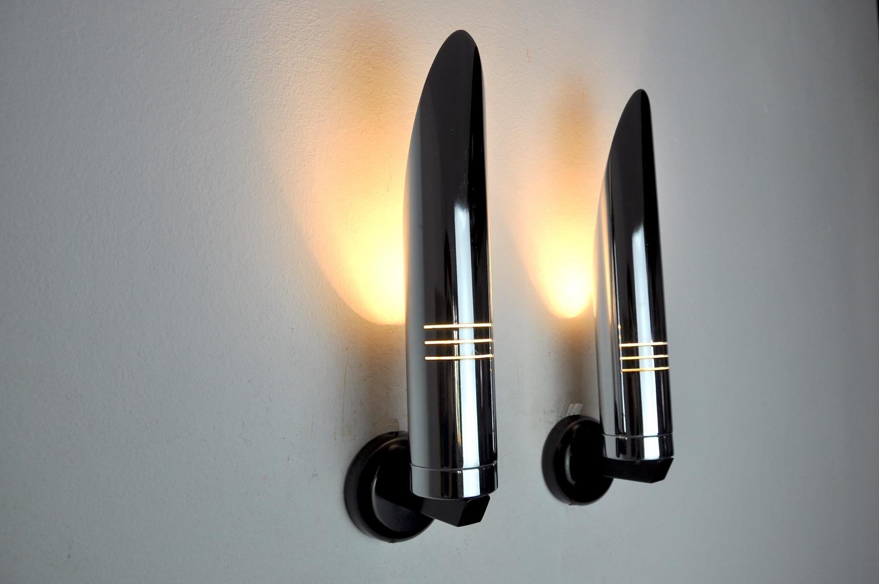 Metal Pair of RAAK Wall Lamps, Space-Age Chrome Design, Germany, 1970 For Sale