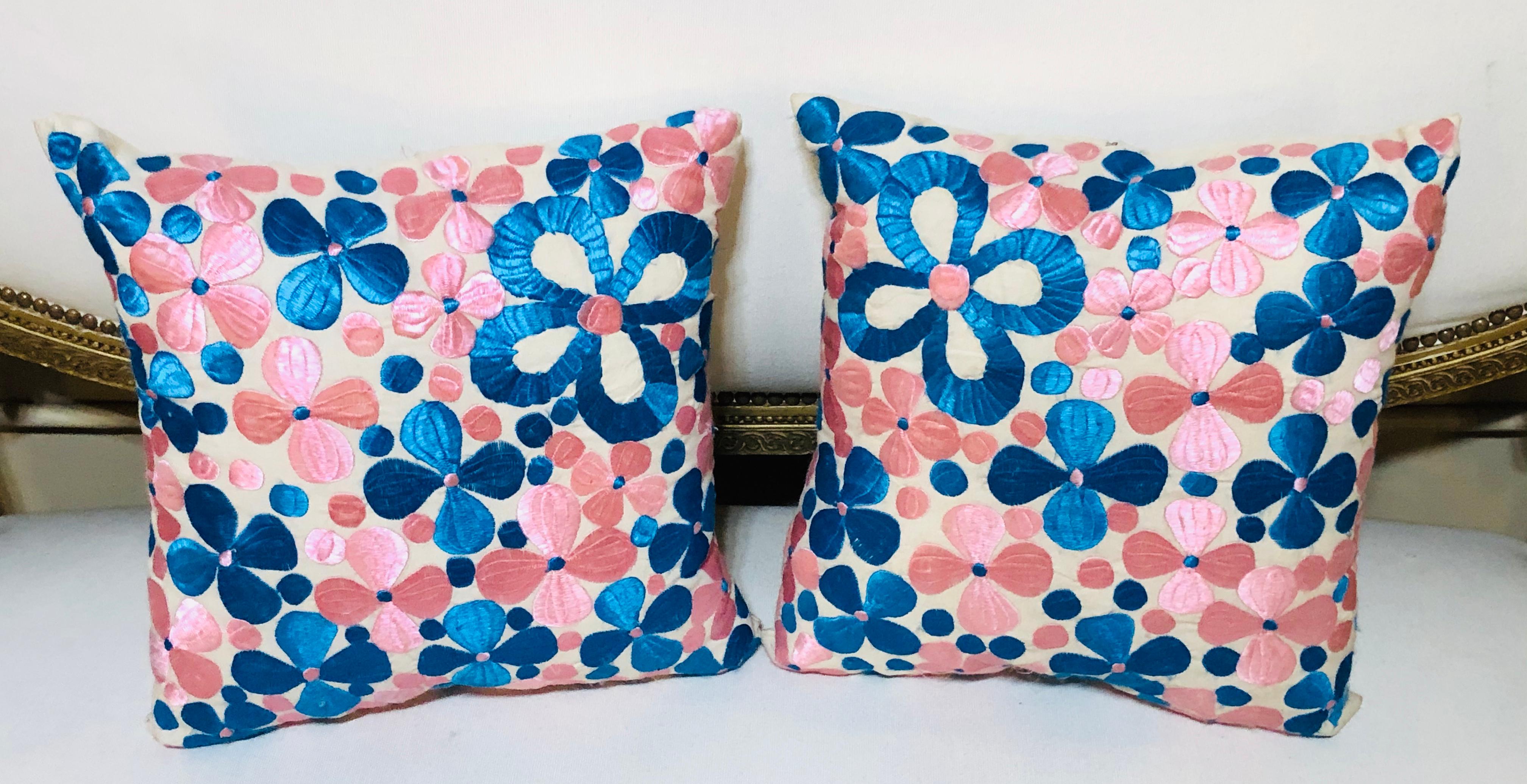 Moroccan Pair of Rabati Light Pink and Turquoise Pillows Handmade in Morocco