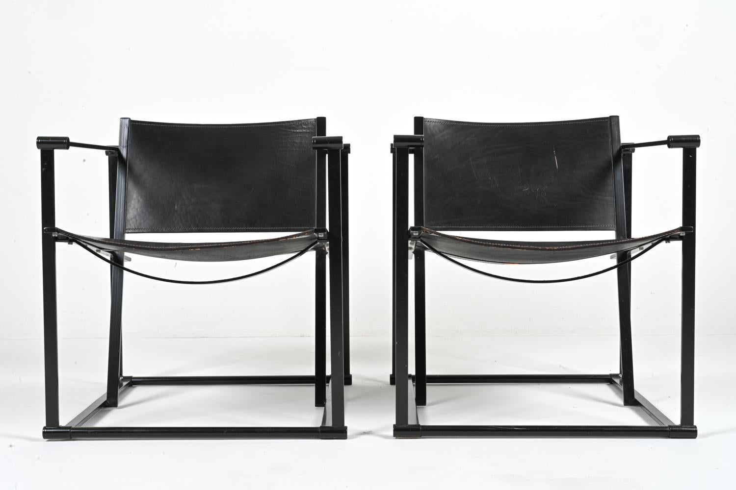 Minimalist Pair of Radboud Van Beekum for Pastoe FM62 Cube Chairs; Black Leather & Steel For Sale