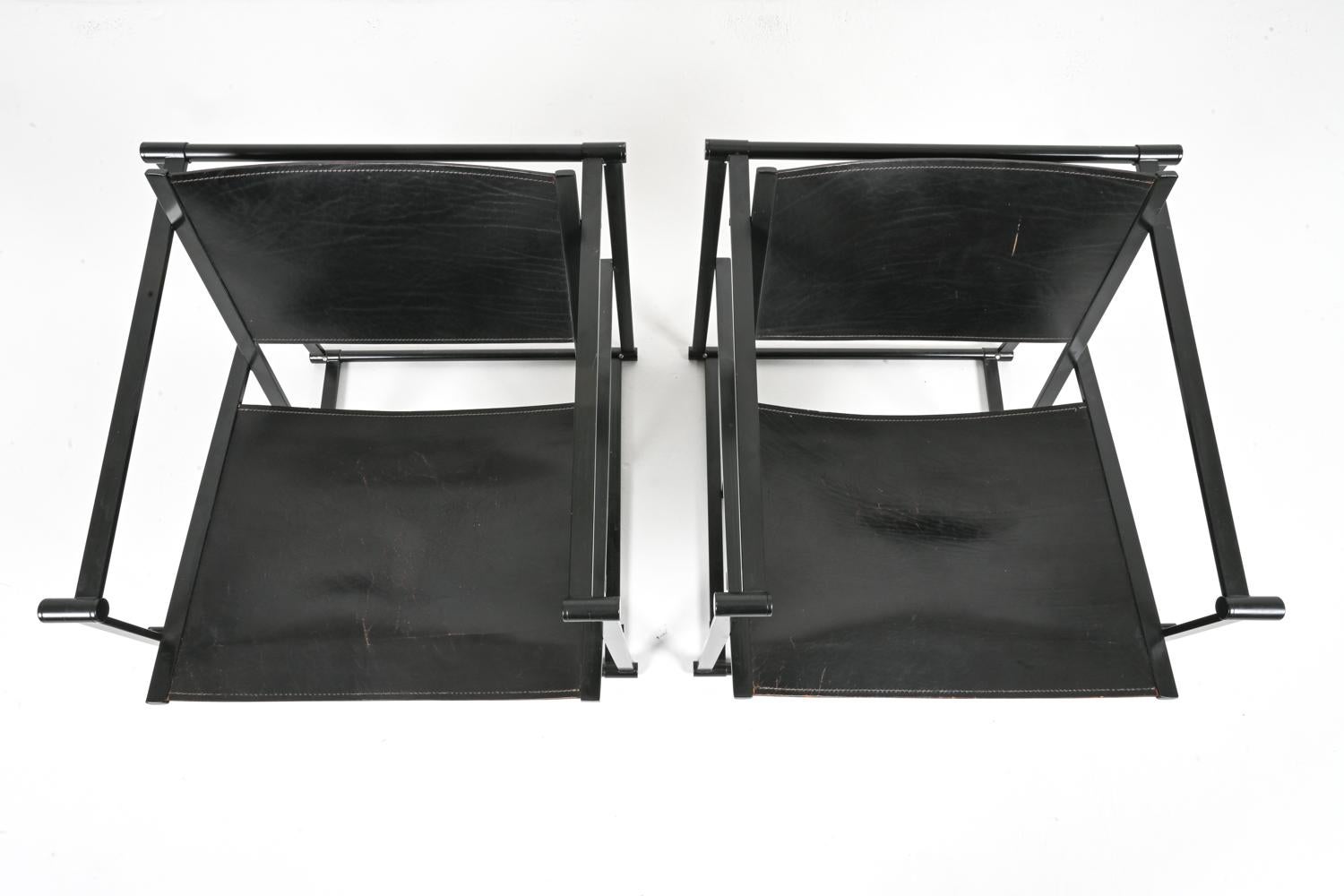 Dutch Pair of Radboud Van Beekum for Pastoe FM62 Cube Chairs; Black Leather & Steel