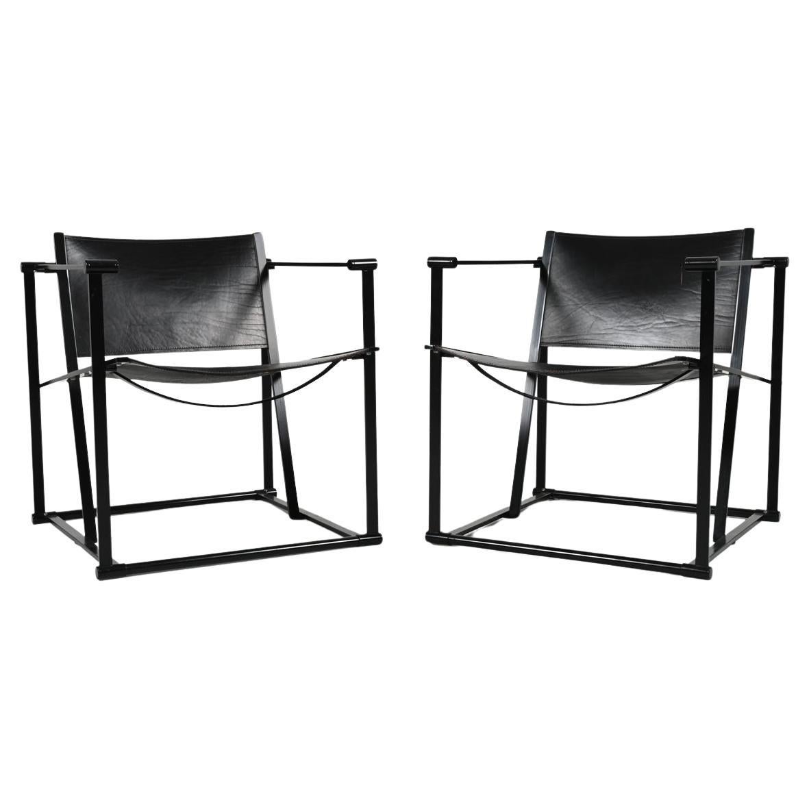 Pair of Radboud Van Beekum for Pastoe FM62 Cube Chairs; Black Leather & Steel