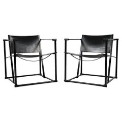 Retro Pair of Radboud Van Beekum for Pastoe FM62 Cube Chairs; Black Leather & Steel