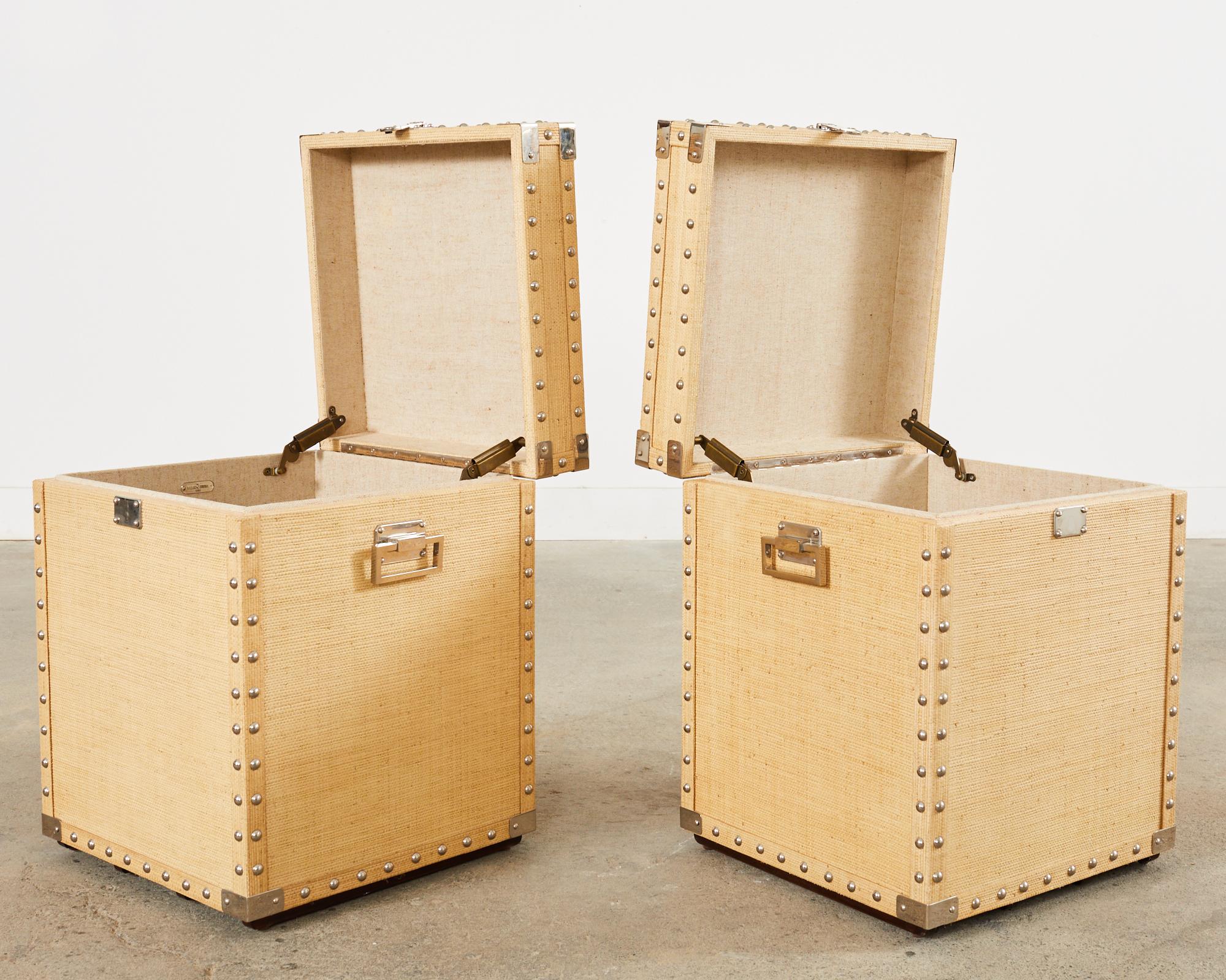 Hand-Crafted Pair of Raffia Grasscloth Campaign Style Hat Trunk Boxes