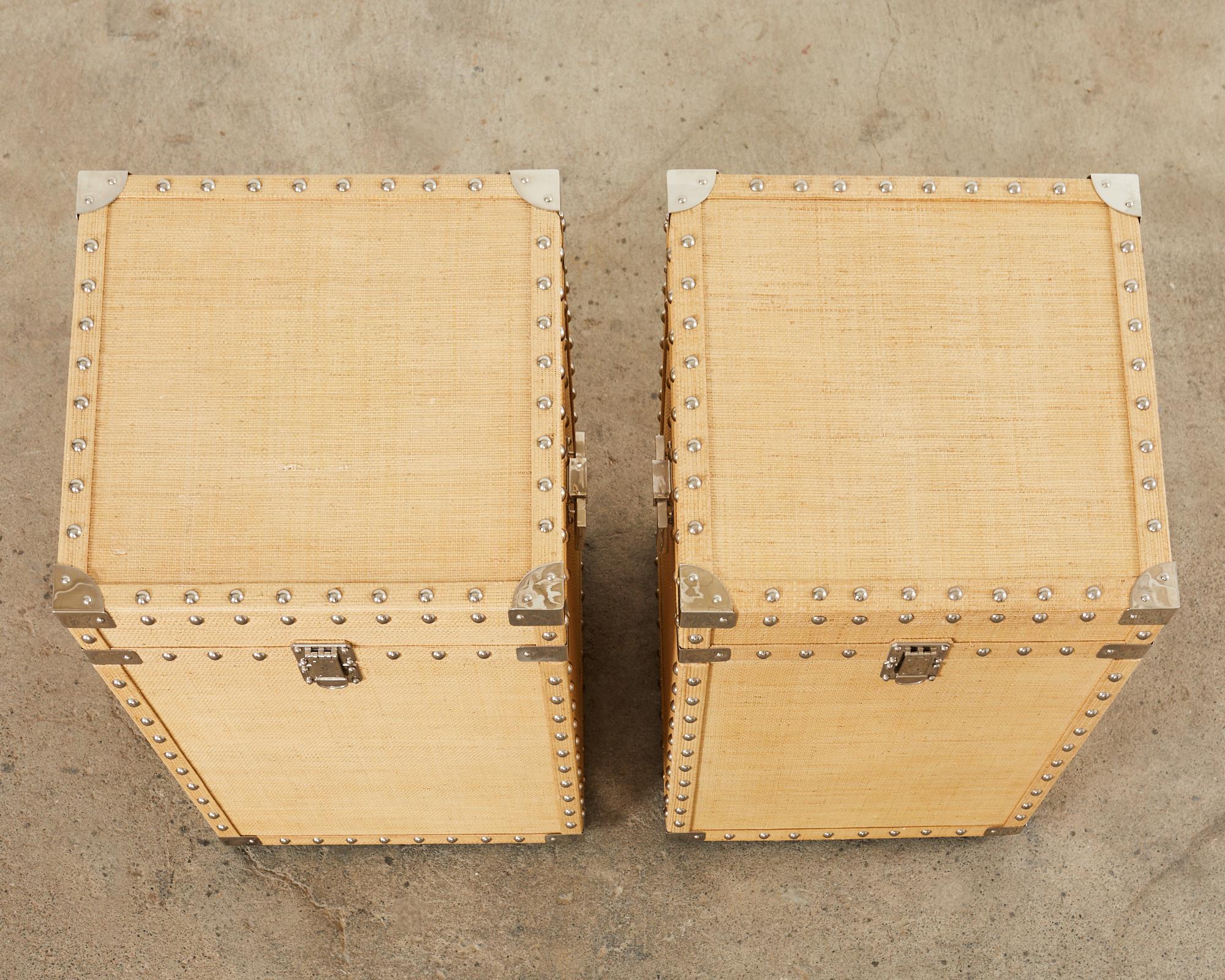 Contemporary Pair of Raffia Grasscloth Campaign Style Hat Trunk Boxes