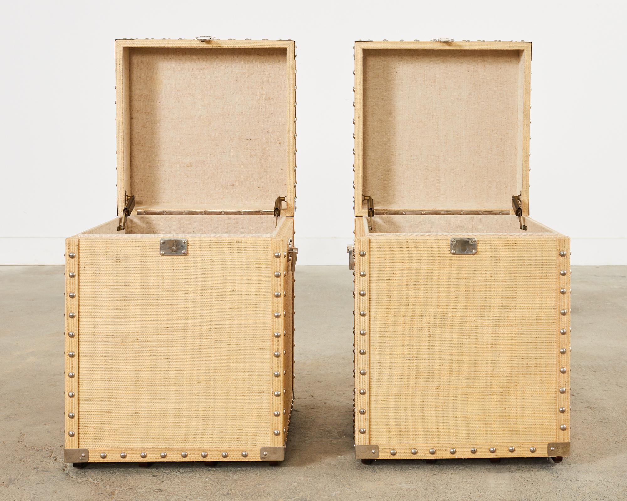 Pair of Raffia Grasscloth Campaign Style Hat Trunk Boxes 1