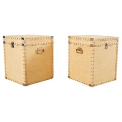 Pair of Raffia Grasscloth Campaign Style Hat Trunk Boxes