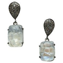 Pair of Rainbow Moonstone and Diamond Drop Dangle Earrings
