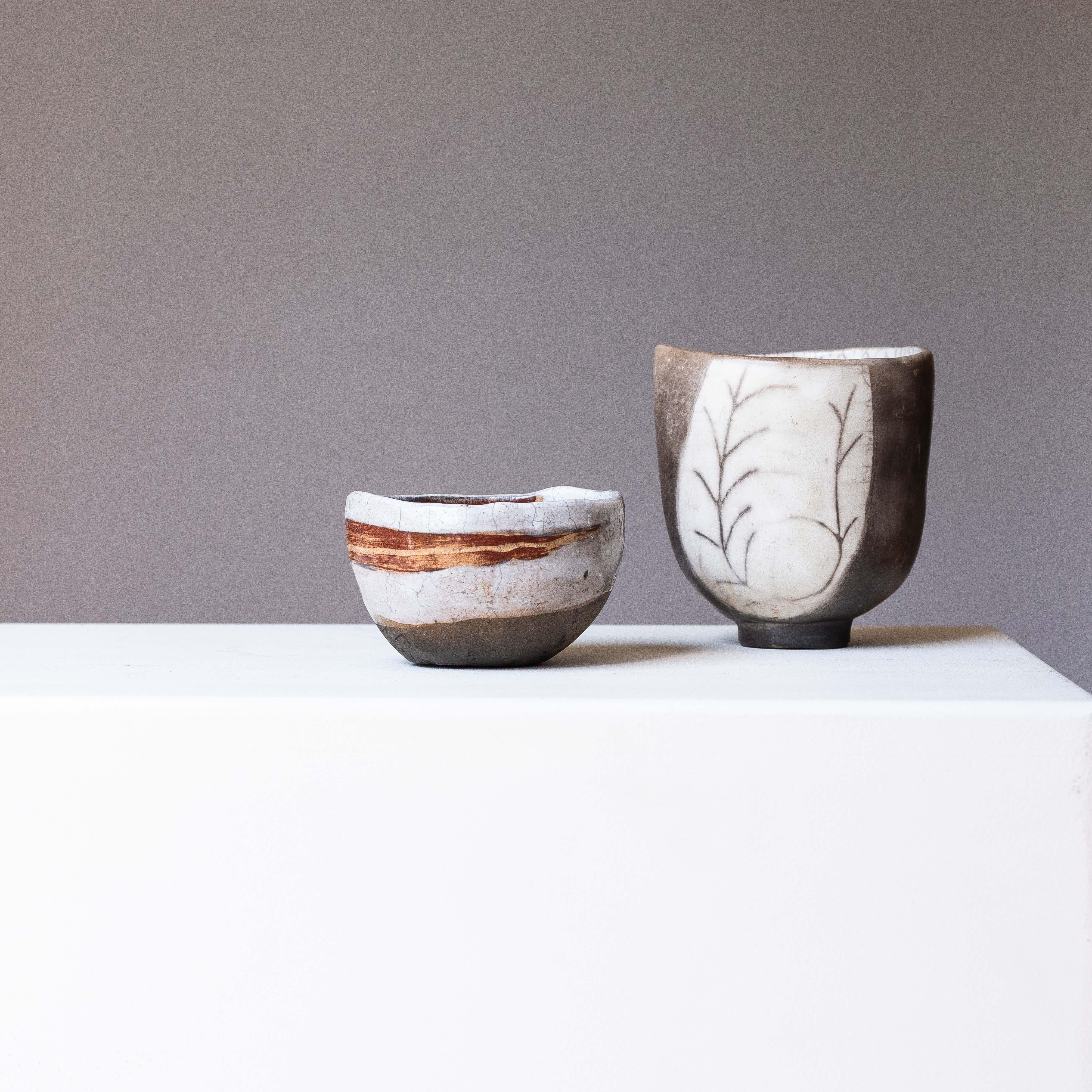 Pair of Raku Ceramic Bowls or Dishes – French Artisan Handcraft, 1970s

Set of 2 handcrafted ceramic bowls, signed “C R” underneath.

They showcase the artistry of raku firing, an ancient Japanese technique known for its unpredictable crackles and