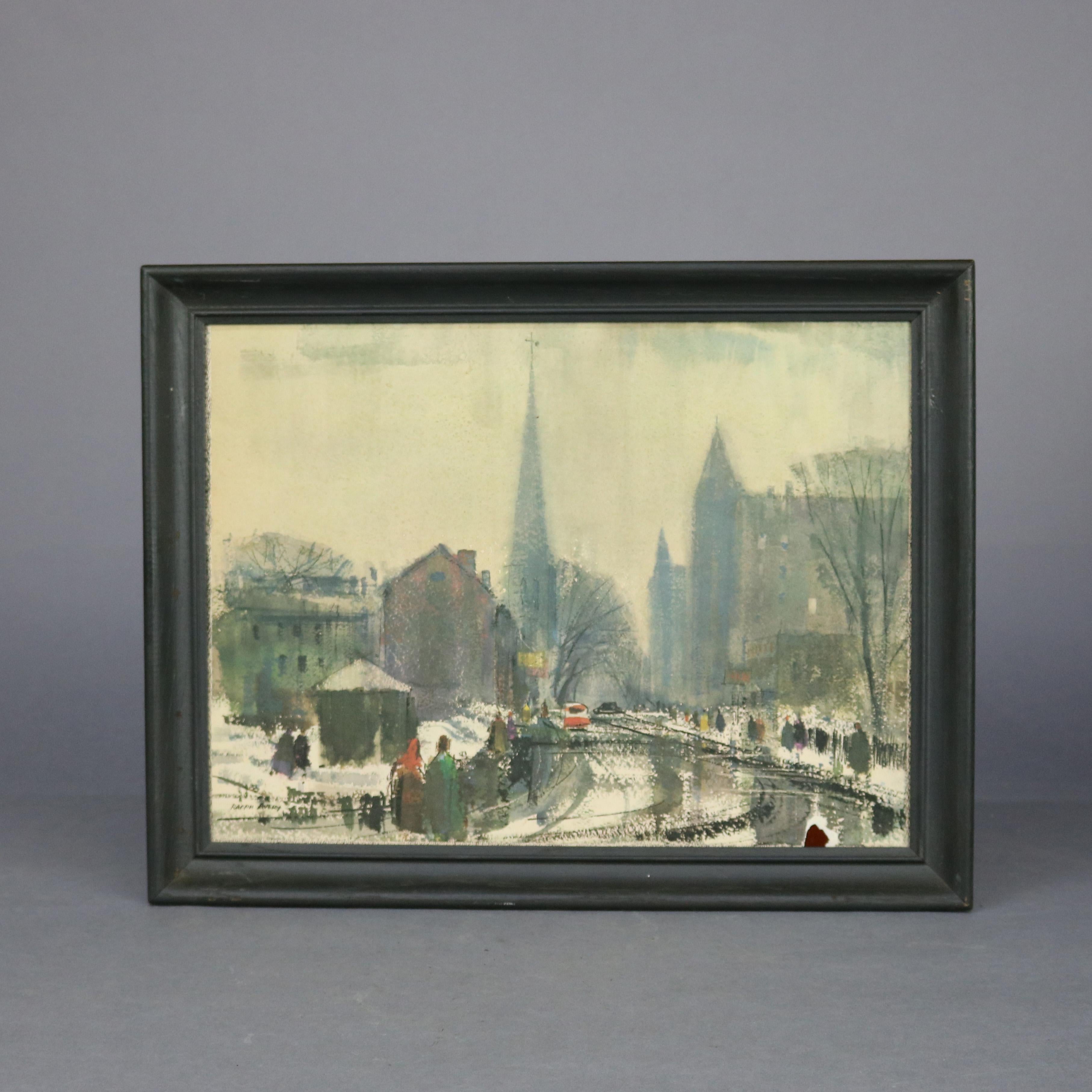 A vintage pair of cityscape watercolor scenes by Ralph Avery depict Rochester by day and night including figures, structures, cars and the river, c1950


Measures: 14.25