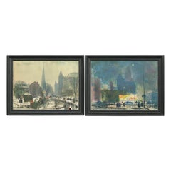Paire de scènes de paysages urbains de Ralph Avery Rochester:: peintures à l'aquarelle:: circa 1950