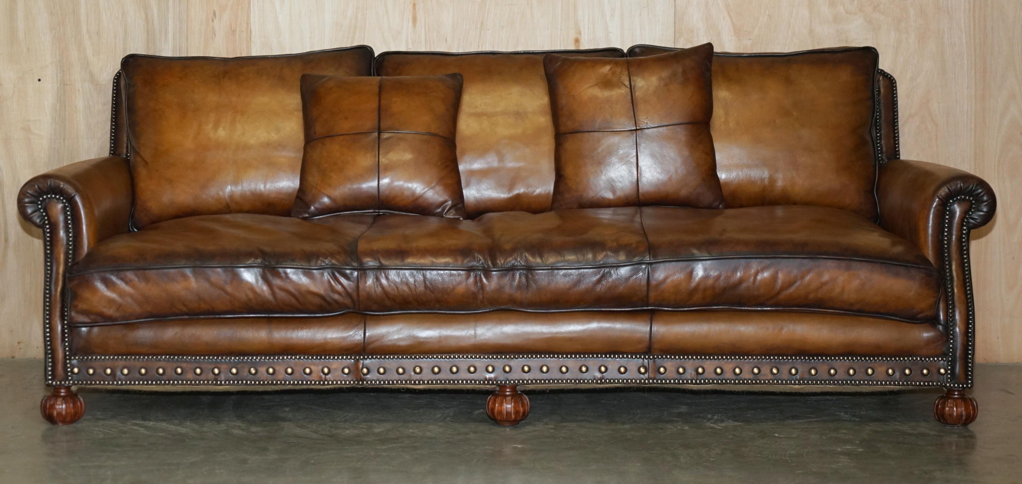 Hand-Crafted PAIR OF RALPH LAUREN ARAN ISLES CUSTOM MADE BROWN LEATHER SOFAs For Sale