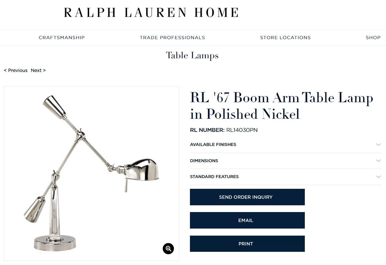 We are delighted to this very cool pair of RRP £2150 Ralph Lauren solid polished metal boom arm table lamps

A good looking pair, they swivel, have duel points of articulation which operate by undoing a wingnut which has a large handle, they are