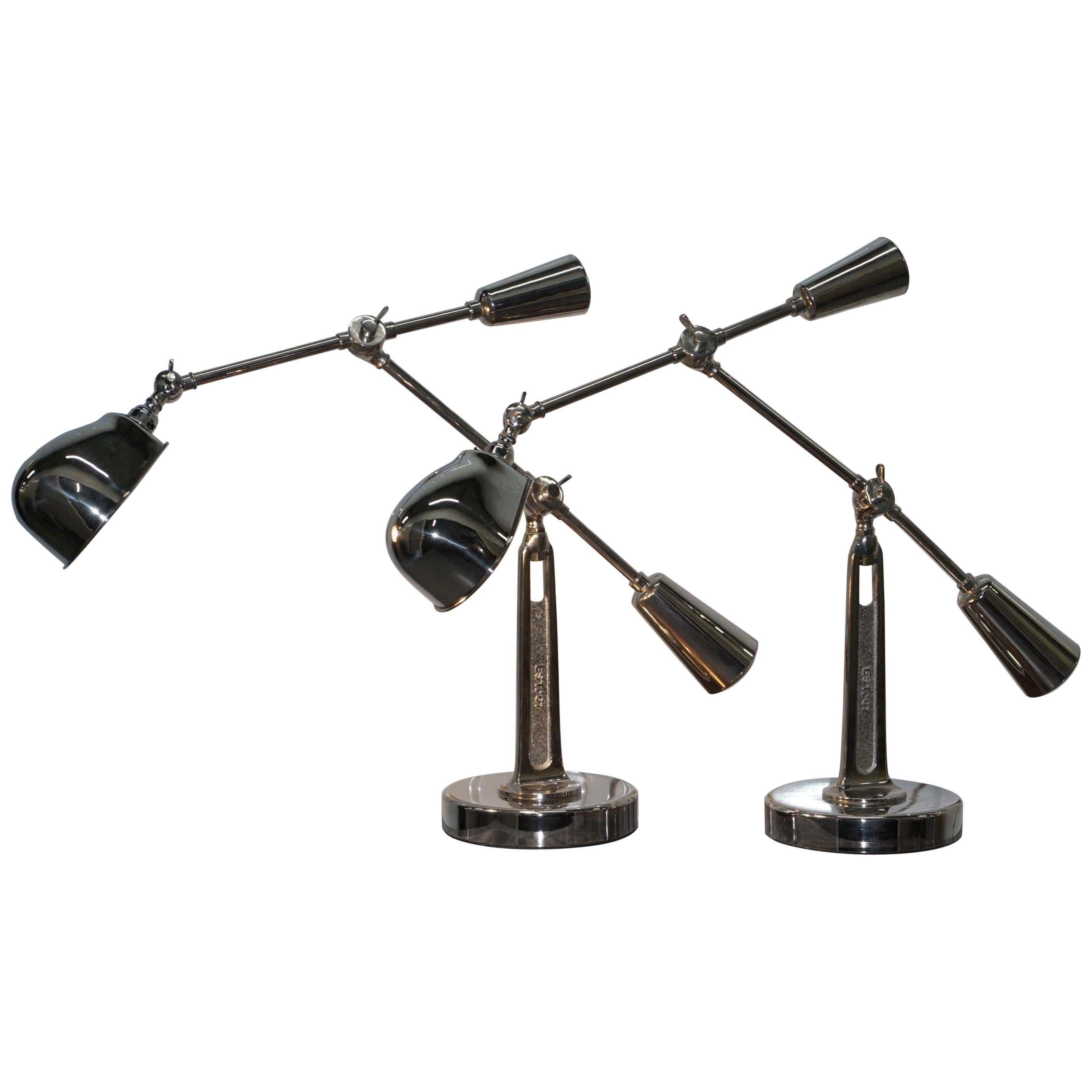 Pair of Ralph Lauren Articulated Boom Arm Table Lamps Polished Nickle