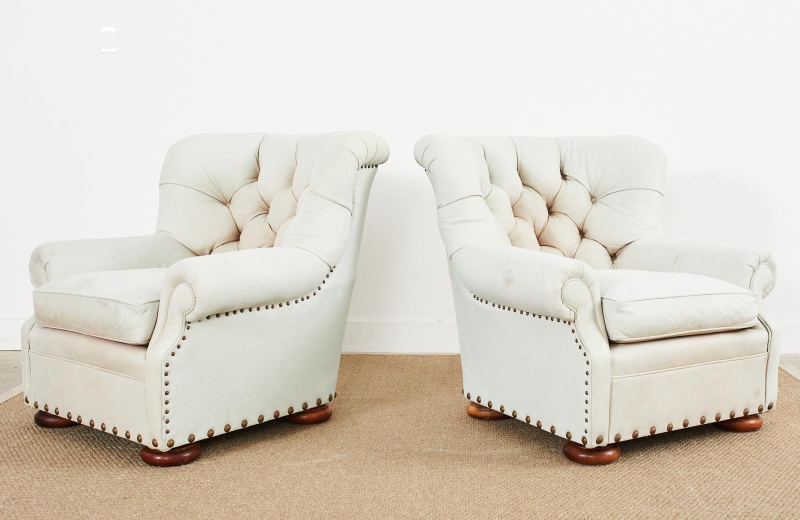 Pair of Ralph Lauren Attributed Leather Writers Wingback Chairs with Ottoman In Distressed Condition For Sale In Rio Vista, CA