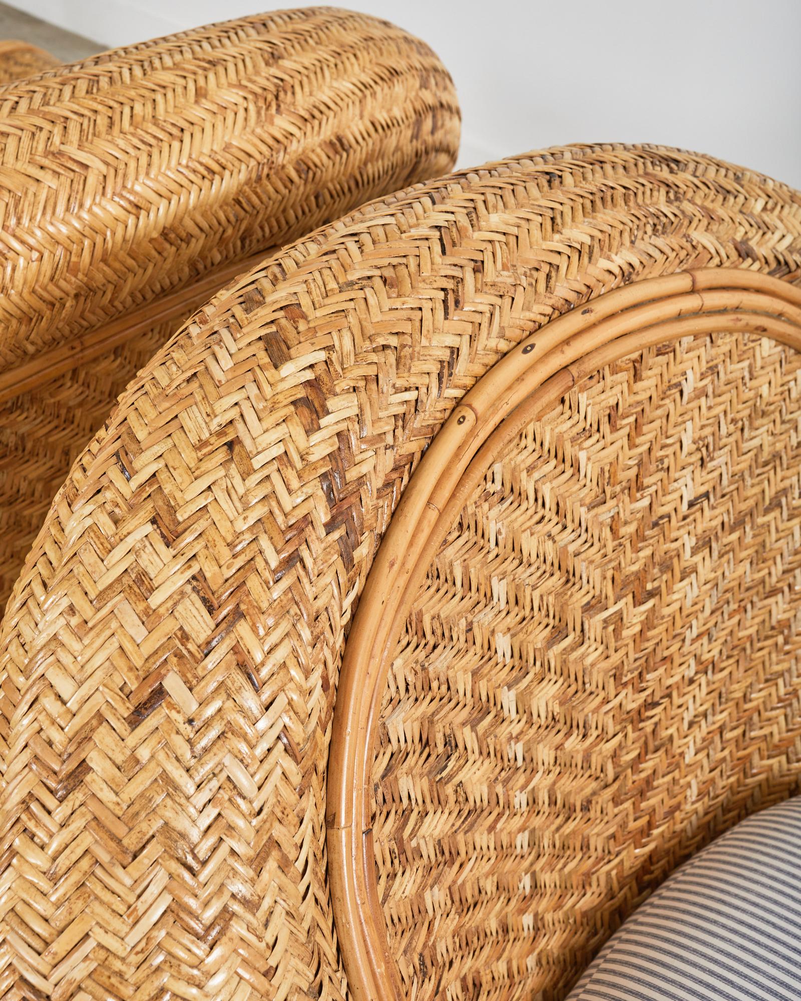 Hand-Crafted Pair of Ralph Lauren Attributed Woven Rattan Lounge Chairs For Sale