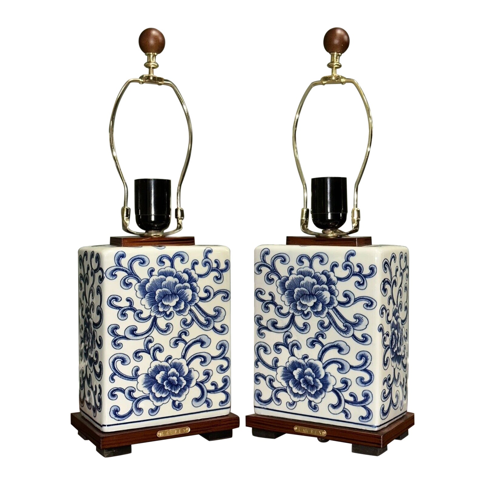 Paire de tables à manger RALPH LAUREN bleues et blanches à motif porcelaine scintillant