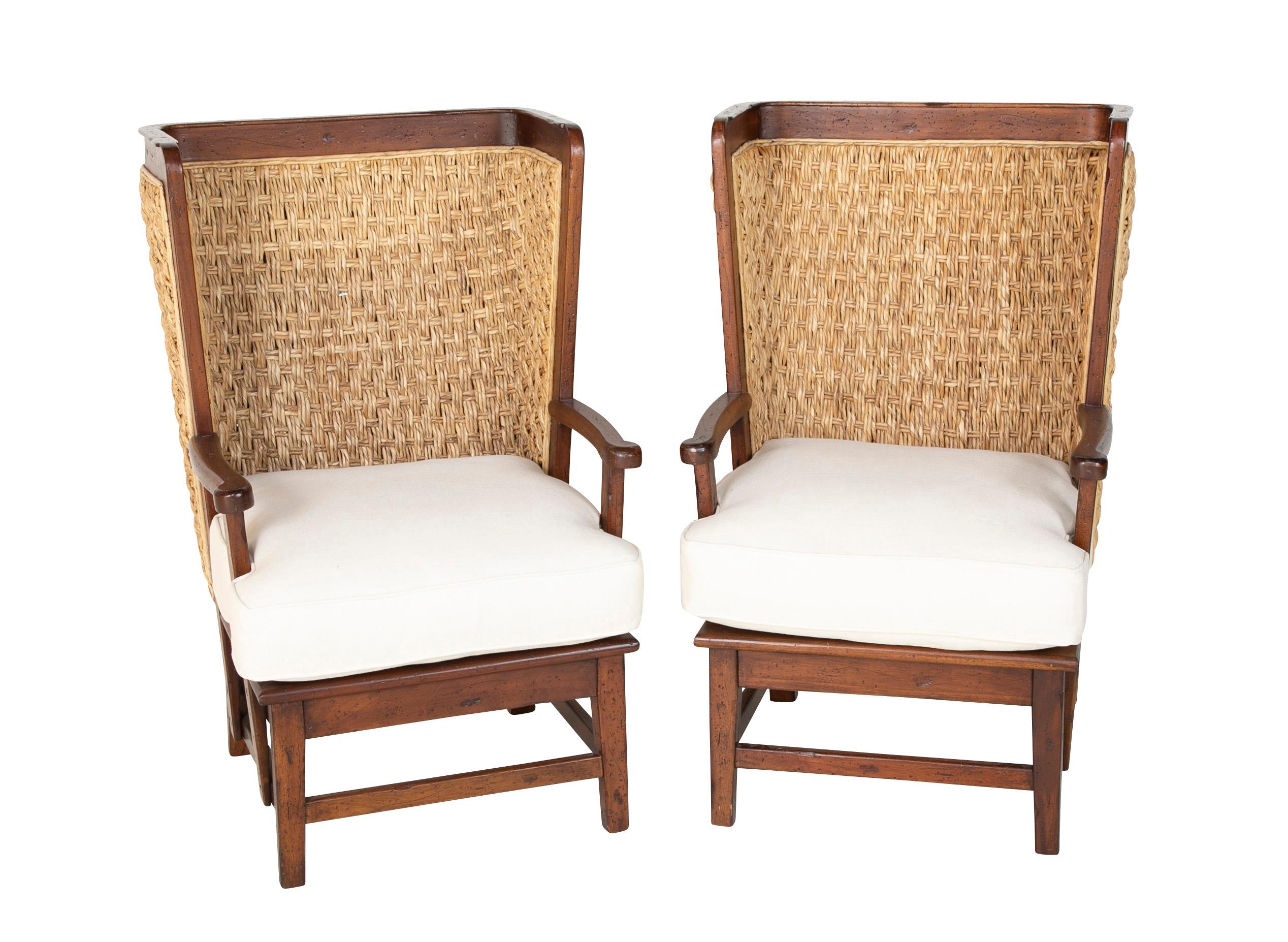 Pair of Ralph Lauren British Colonial style woven back armchairs with new upholstered cushions.