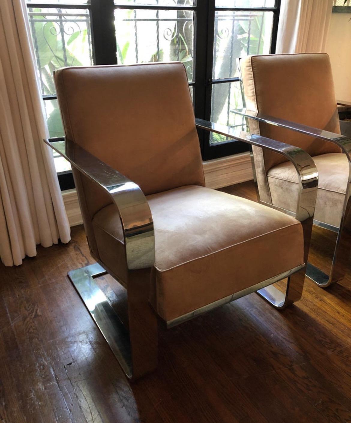 Suede Pair of Ralph Lauren Chrome Modern Penthouse Bohemian Lounge Chairs