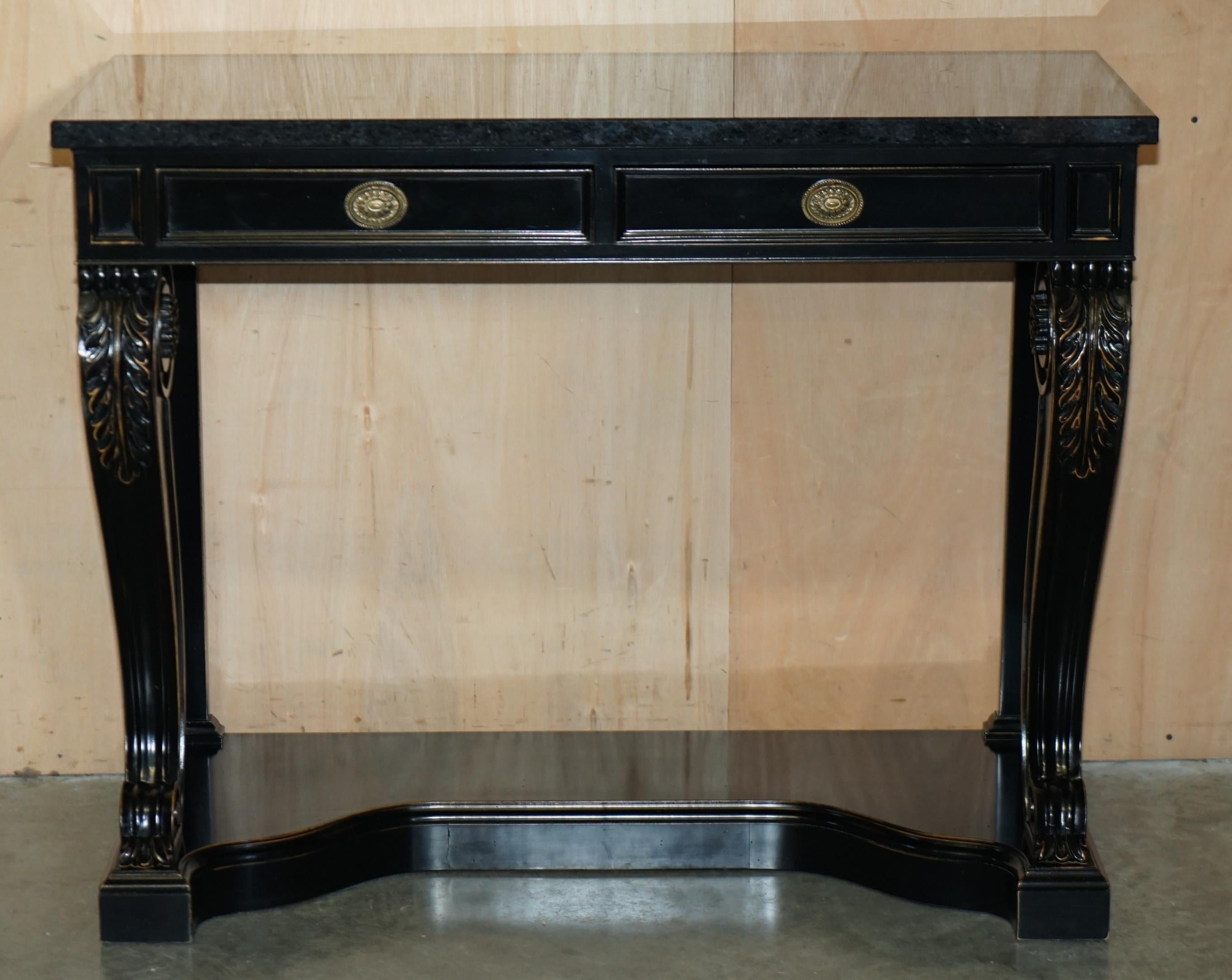 Hollywood Regency PAIR OF RALPH LAUREN CLIVEDON HARDWOOD MACASSAR & MARBLE CONSOLE TABLEs For Sale