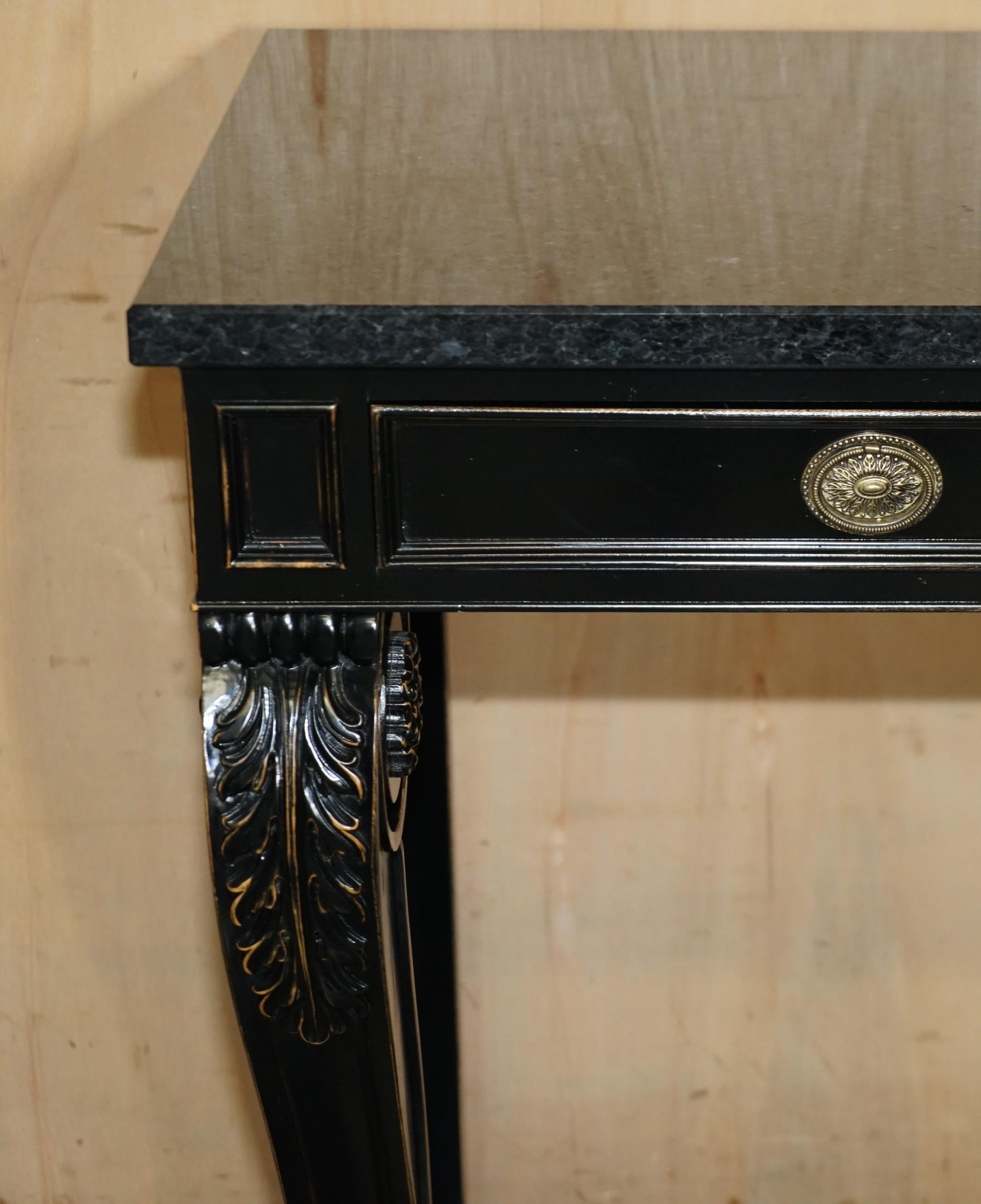 Hand-Crafted PAIR OF RALPH LAUREN CLIVEDON HARDWOOD MACASSAR & MARBLE CONSOLE TABLEs For Sale