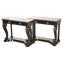 PAIR OF RALPH LAUREN CLIVEDON HARDWOOD MACASSAR & MARBLE CONSOLE TABLEs