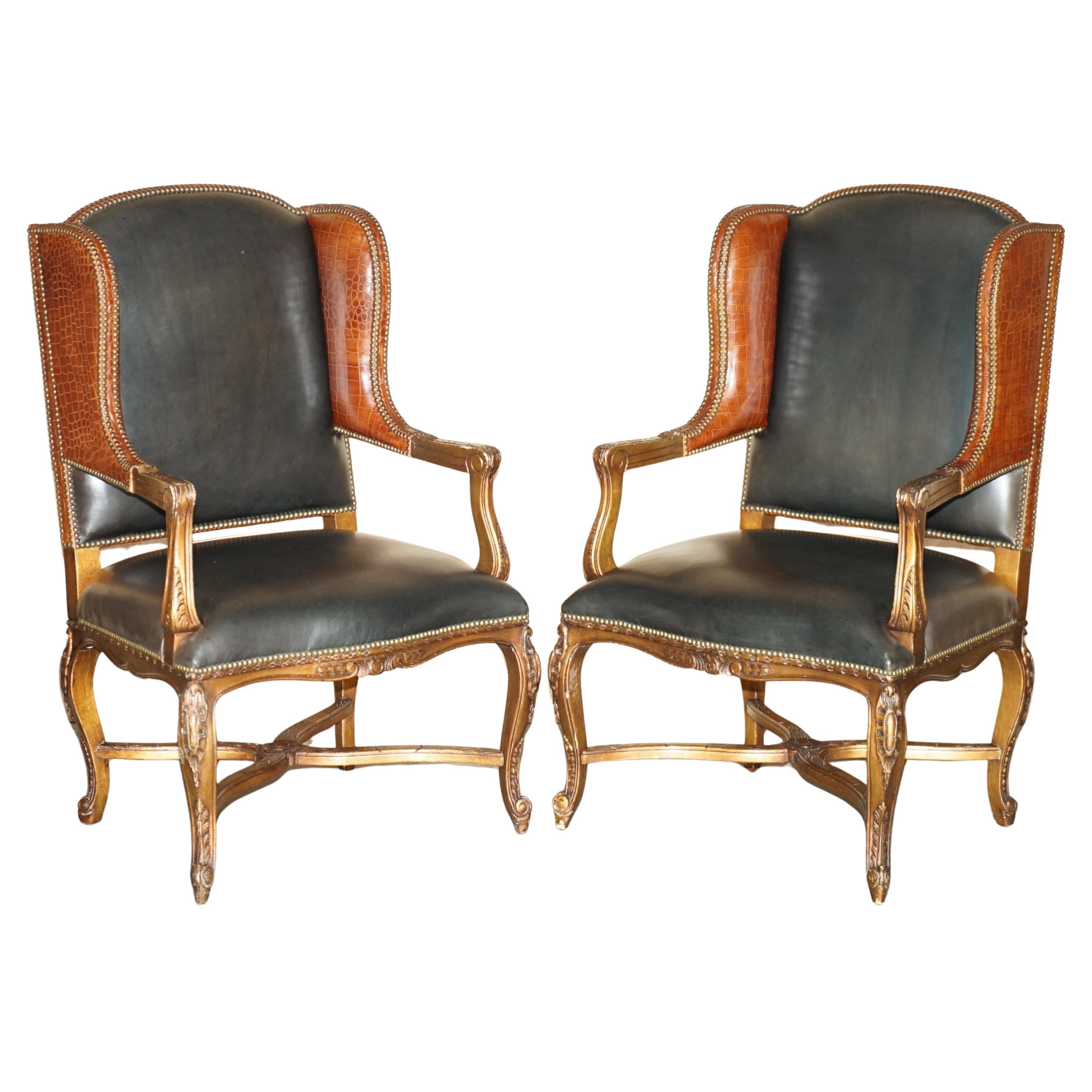 Pärchen RALPH LAUREN CROCODiLE ALLIGATOR LEATHER PATINA WING ARMCHAIRS im Angebot