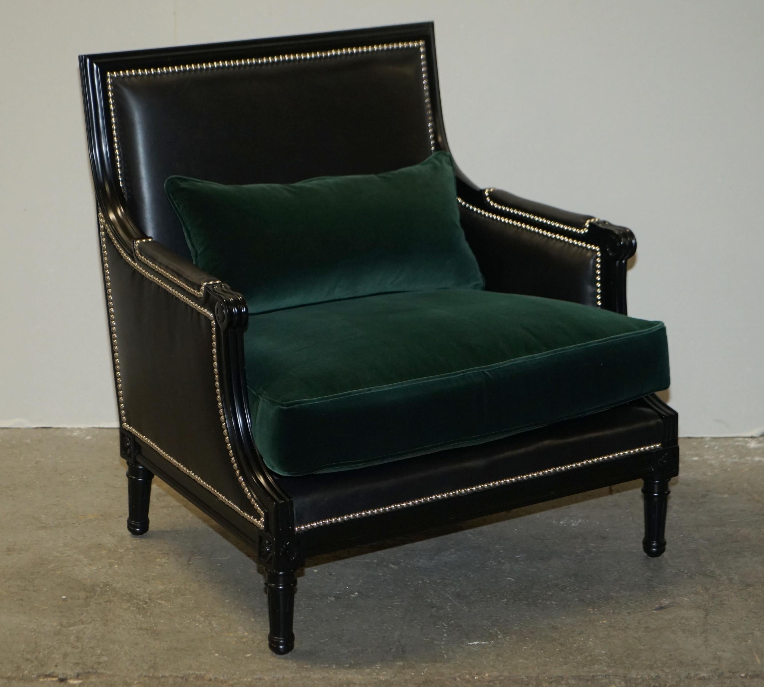 Royal House Antiques

Royal House Antiques is delighted to offer for sale this exquisite pair of RRP £15,310 Ralph Lauren Duchess Salon armchairs in Black leather with American Mahogany frames and green velvet cushions

Please note the delivery fee