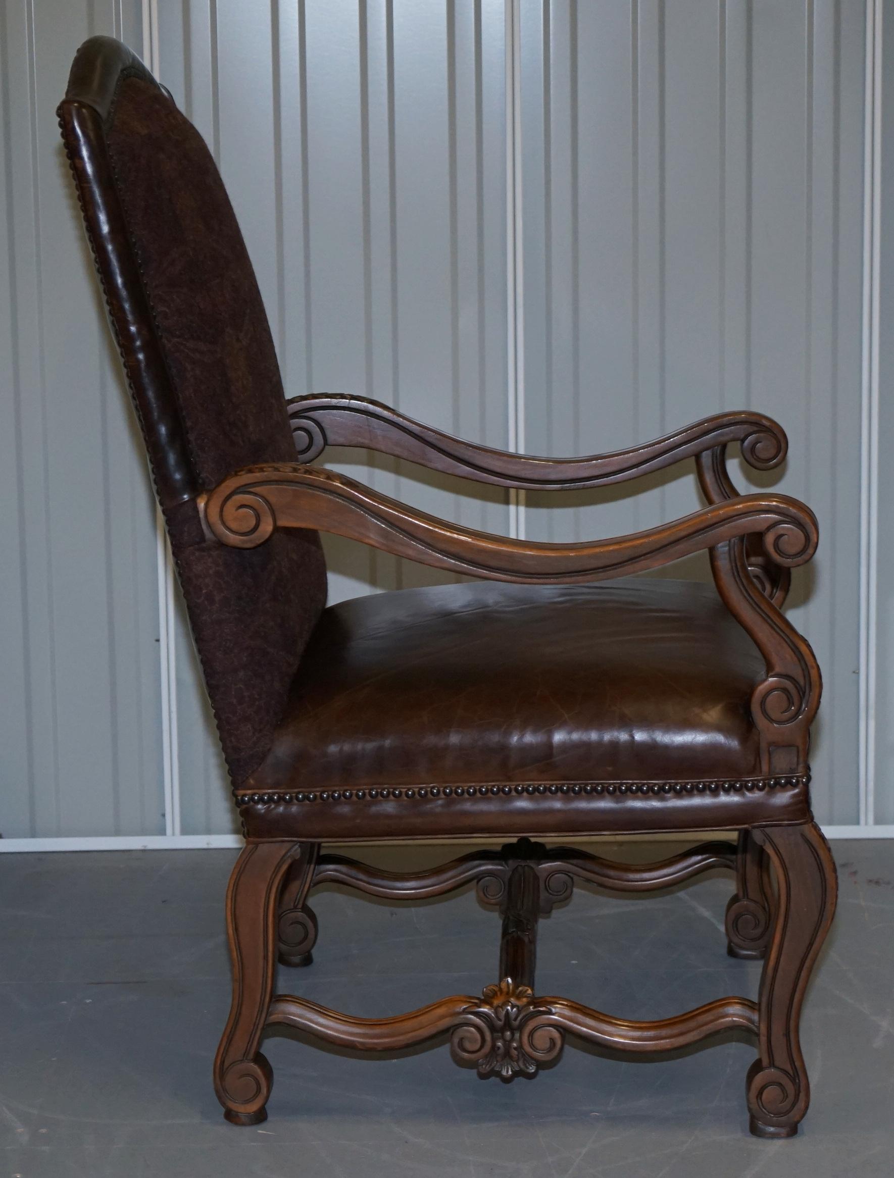 Pair of Ralph Lauren Edmund Brown Leather & Fabric Upholstered Throne Armchairs 3